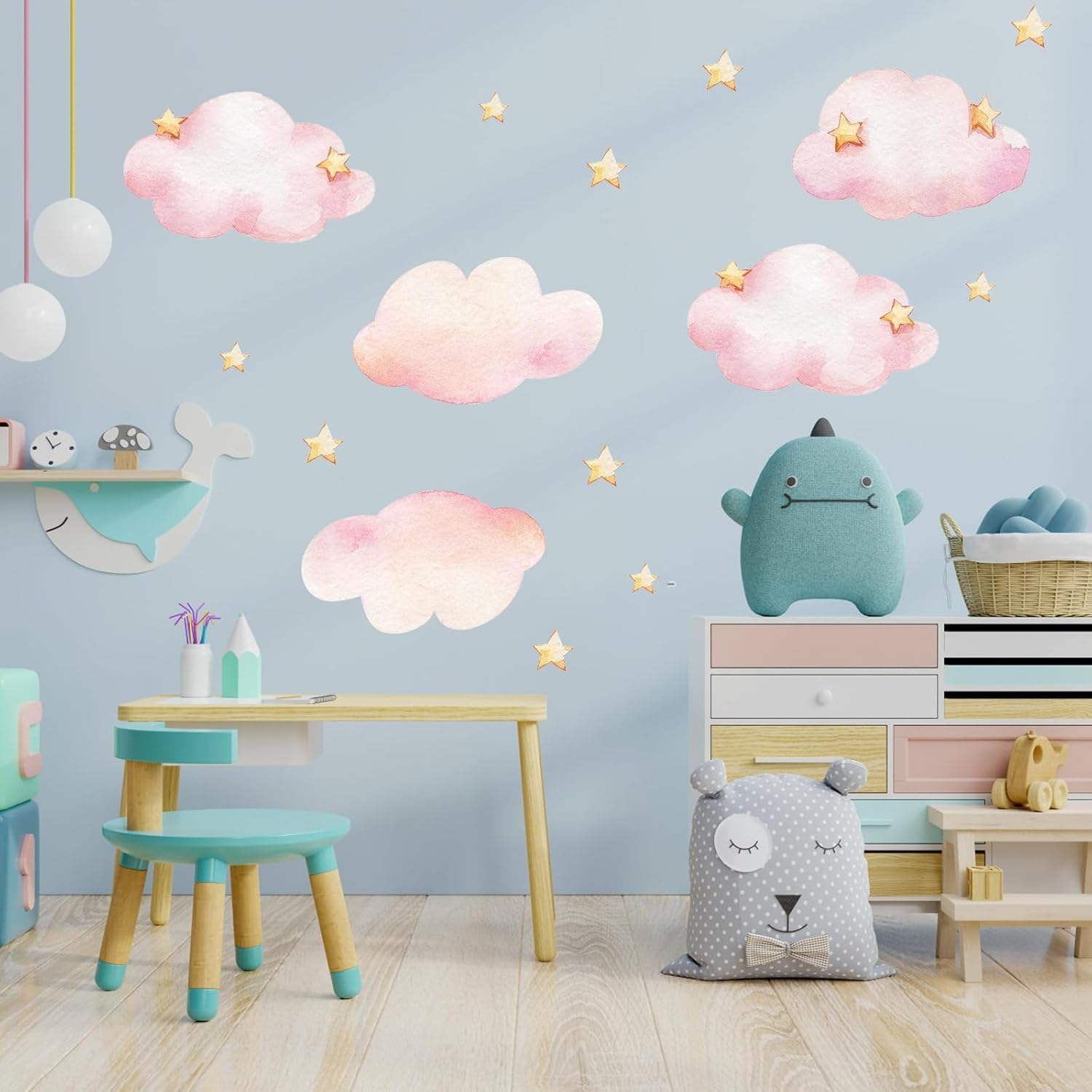 Clouds and Stars Wall Stickers, Pink Removable Wall Mural Stickers Cloud Wallpaper Stick and Peel Vinyl Wall Art Decals for Kids Baby Nursery Bedroom Living Room Home Decor Gift image number 5