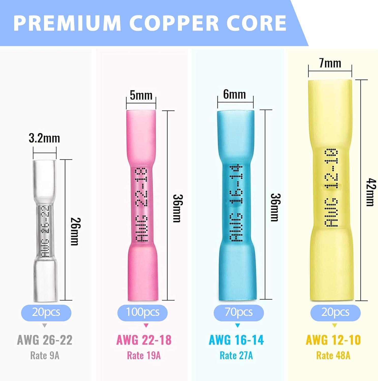 210Pcs Heat Shrink Butt Connectors, Marine Grade Waterproof Electrical Crimp Wire Connectors Kit-Tinned Red Copper Insulated, for Boat, Truck, Stereo, Joint(4 Colors/4Sizes) image number 2