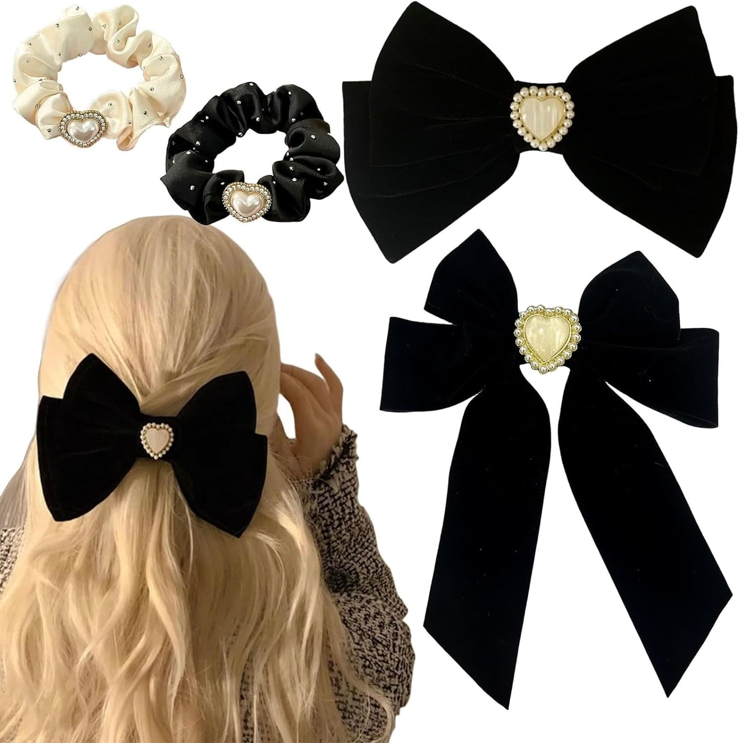 4Pcs Velvet Bow Hair Clip Ribbon Hair Bows,Black Velvet Hair Bows Ribbon Clips,Velvet Hair Bows,Black Bows Ribbon Hair Clips,Classic Ponytail Bowknot Hair Clip Ponytail Barrettes for Women