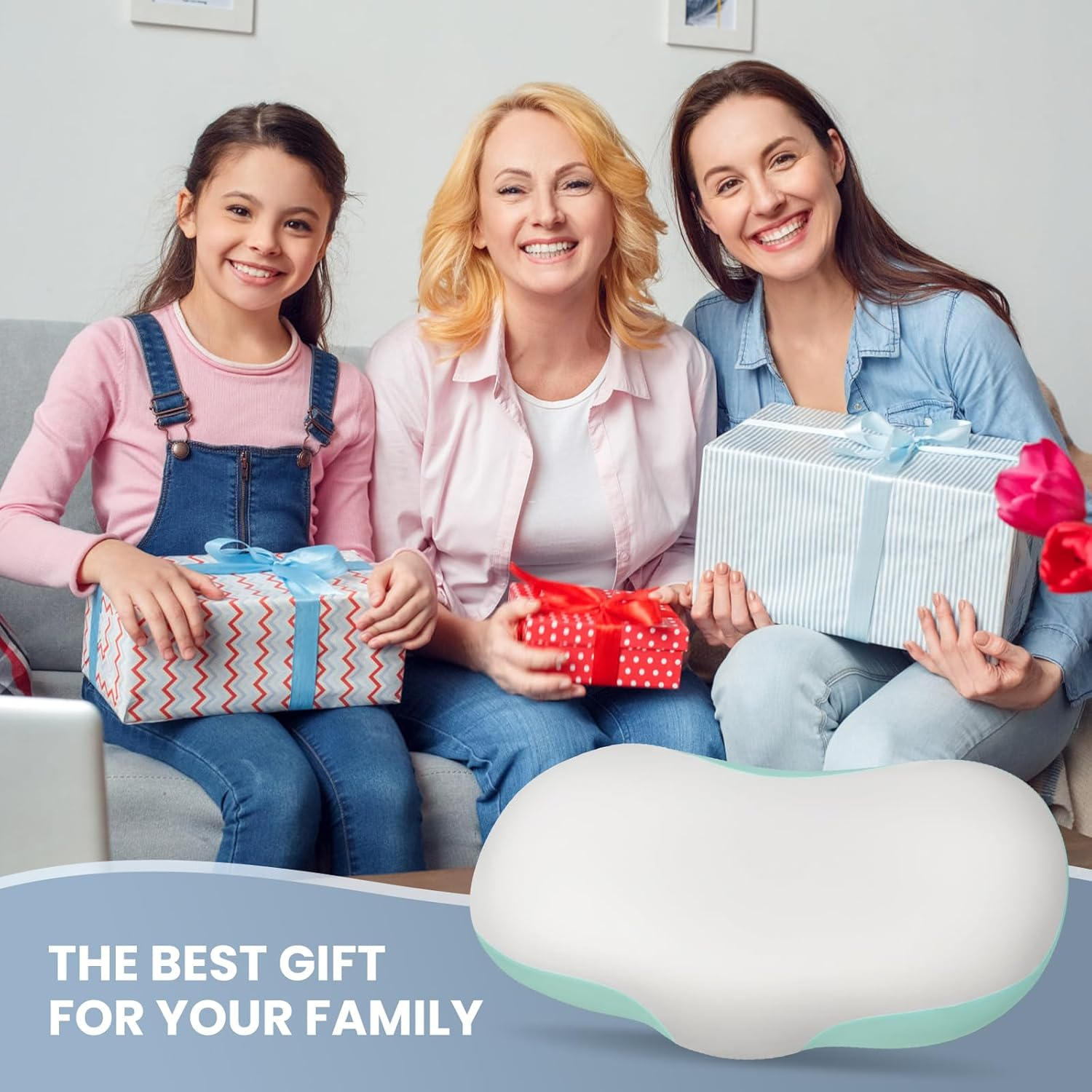 JINXIA Memory Foam Cloud Pillow for Sleeping, Cervical Pillow for Shoulder and Back Pain Relief, Ergonomic Contour Pillow for Side & Back & Stomach Sleepers with Breathable Pillowcase- White and Blue