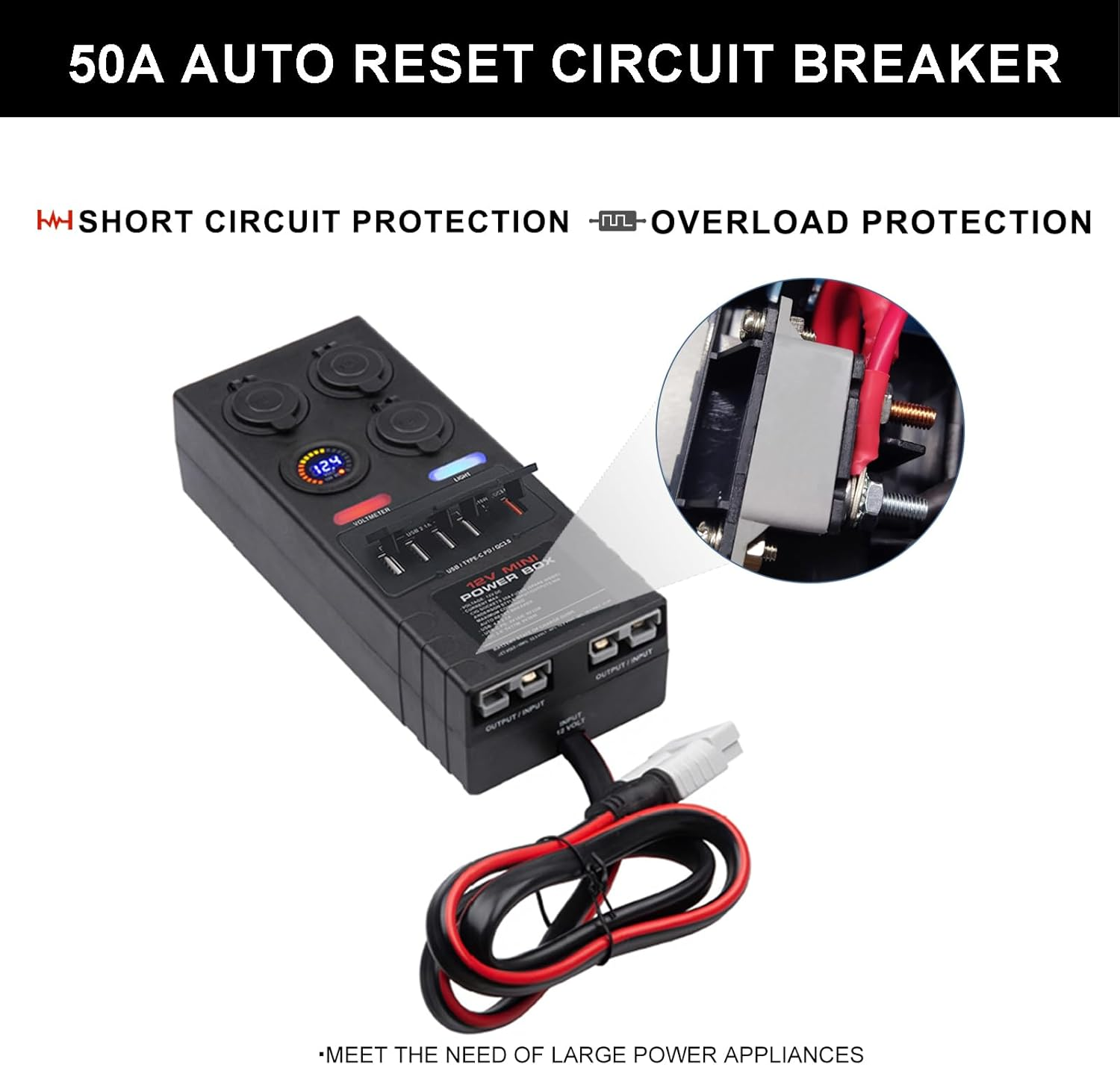 Mini Power Distribution Box 12V DC Battery Socket Max. 50A Current with 2 X Anderson, 6 X USB & 3 X Cig Sockets, Mini Battery Box for Outdoors RV Camping Fishing Emergency image number 6