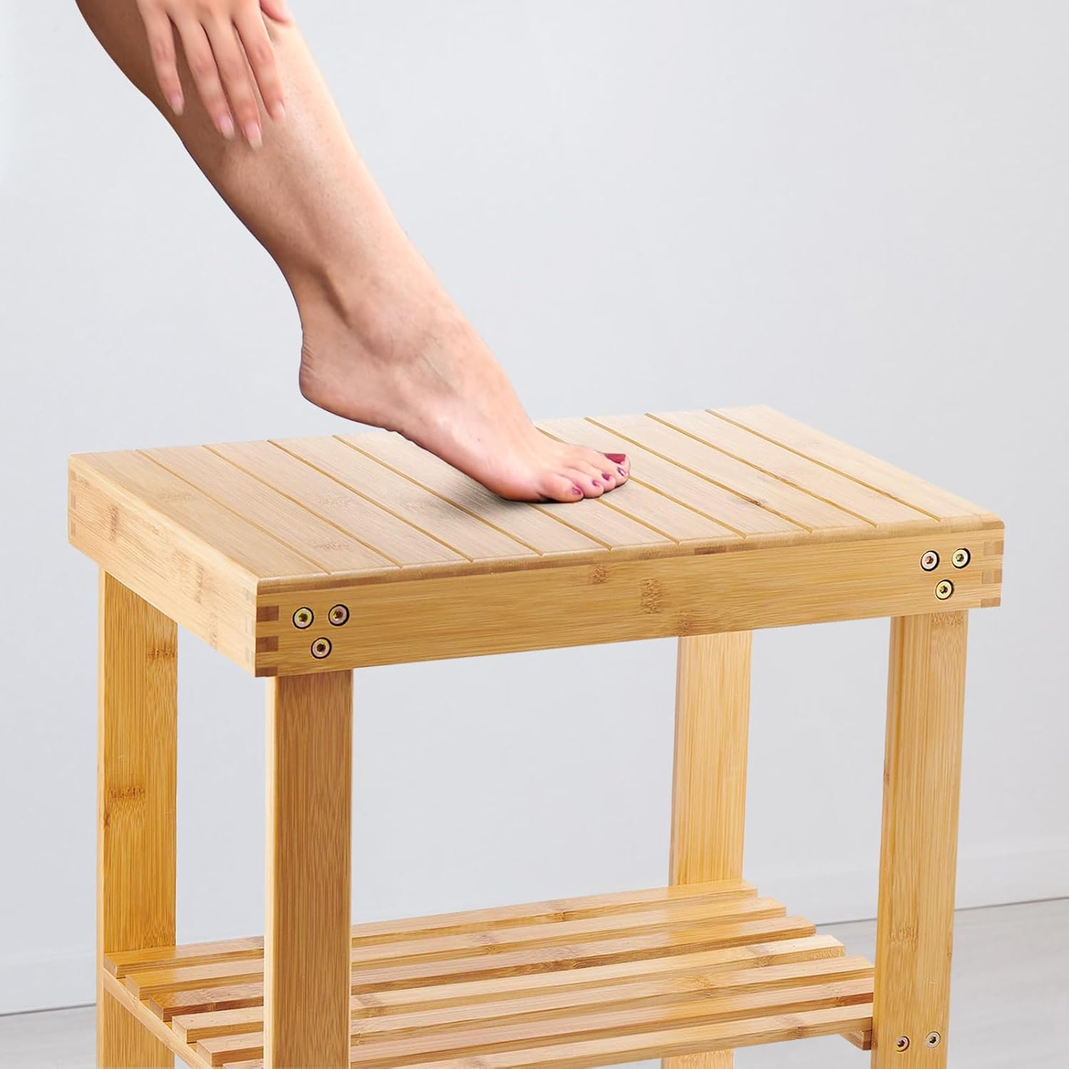Vaefae Bamboo Spa Bench Wood Seat Stool Foot Rest Shaving Stool with Non-Slip Feets Storage Shelf for Shampoo Towel,Works in Bathroom/Living Room/Bedroom/Garden Leisure image number 4