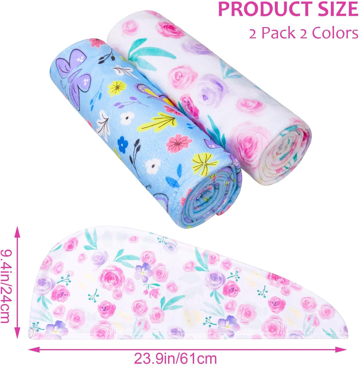 Basumee Microfiber Hair Towel Wrap for Kids 2 Pack Rapid Drying Hair Towel with Button Hair Turbans for Wet Hair Wraps Head Towel Wrap for Women and Girls, Flower - Dark Unicorn image number 4