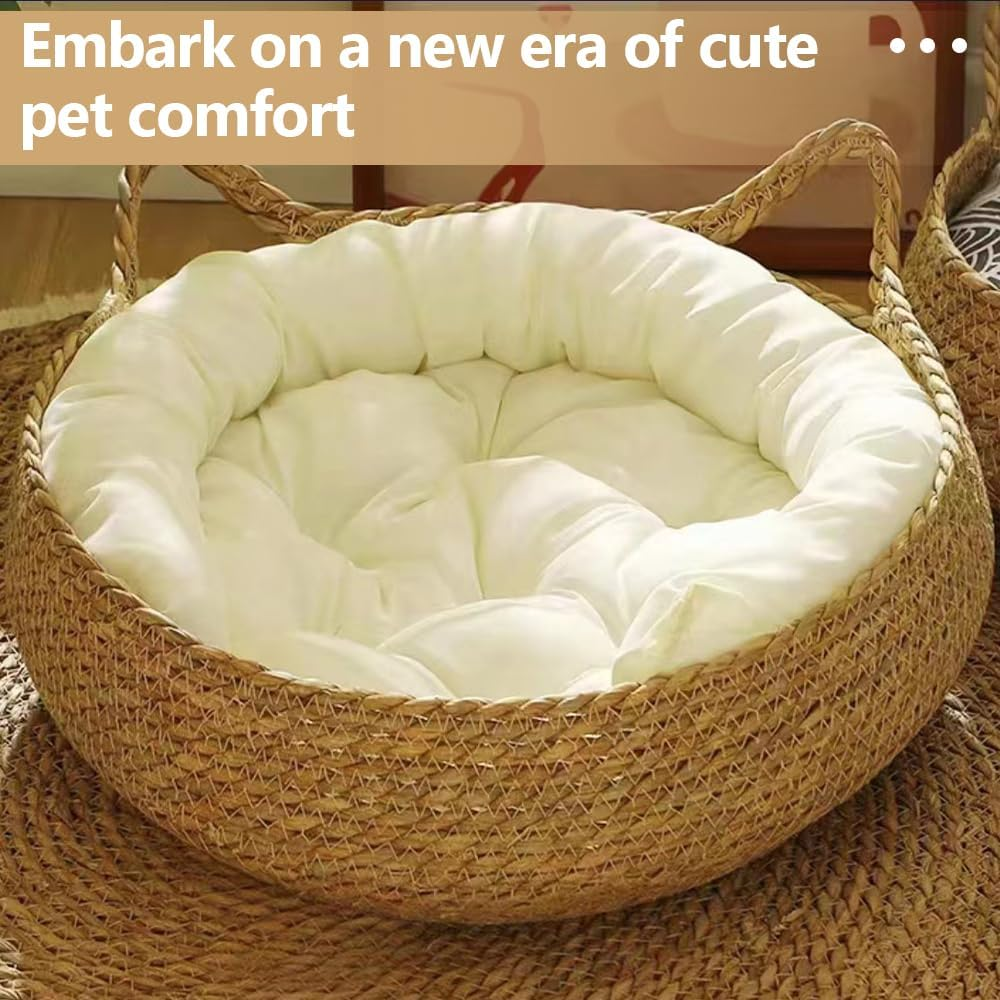 Handmade Woven Straw Cat Bed, Natural Cattail Leaf Nest with Soft Removable Cushion, round Basket Pet House for Cats, Kittens, Small Dogs and Rabbits