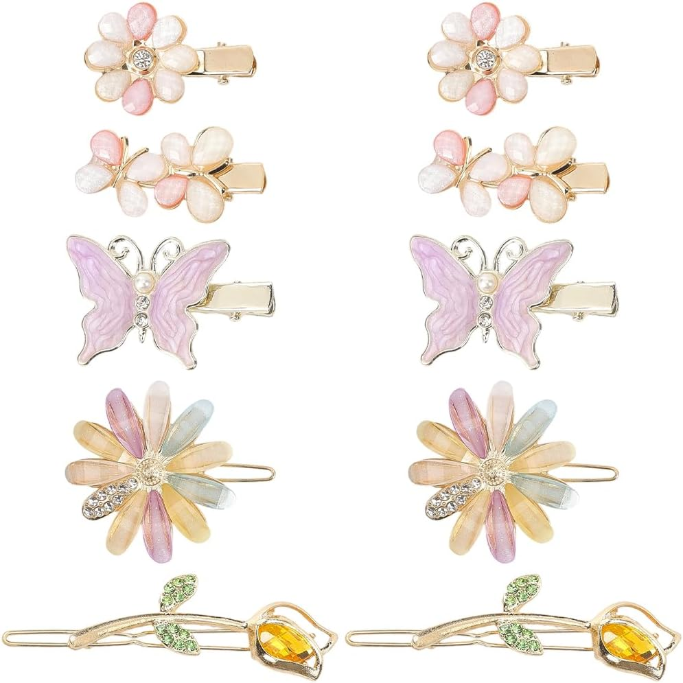 SUNNYCLUE 10Pcs Butterfly Alligator Hair Clips Decorative Hair Barrettes Colorful Alloy Resin Rhinestone Flower Floral Aesthetic Metal Bobby Hairpins Accessories for Short Long Hairstyle DIY Decor image number 3