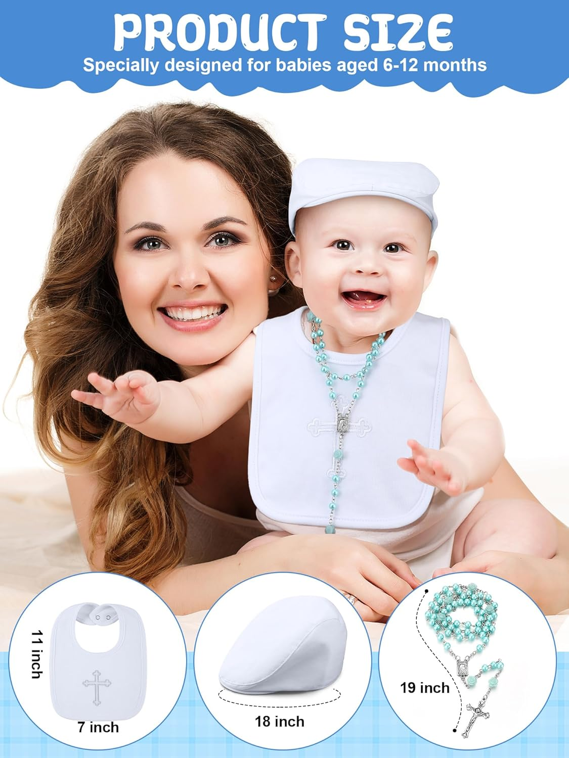 5 Pcs Baptism Gifts for Baby Boys Include White Embroidered Cross Bib Christening Socks Shoes Baptism Hat and Rosary Christening Outfits for Boys Toddler Infant First Communion Gift, White image number 5