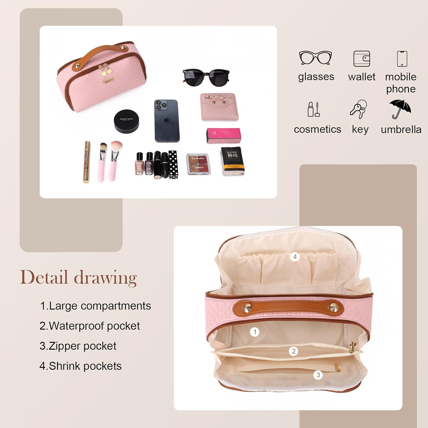 DDPOND Makeup Bag Organizer Cosmetic Bags for Women with Handle Toiletry Bag PU Leather Dark Brown