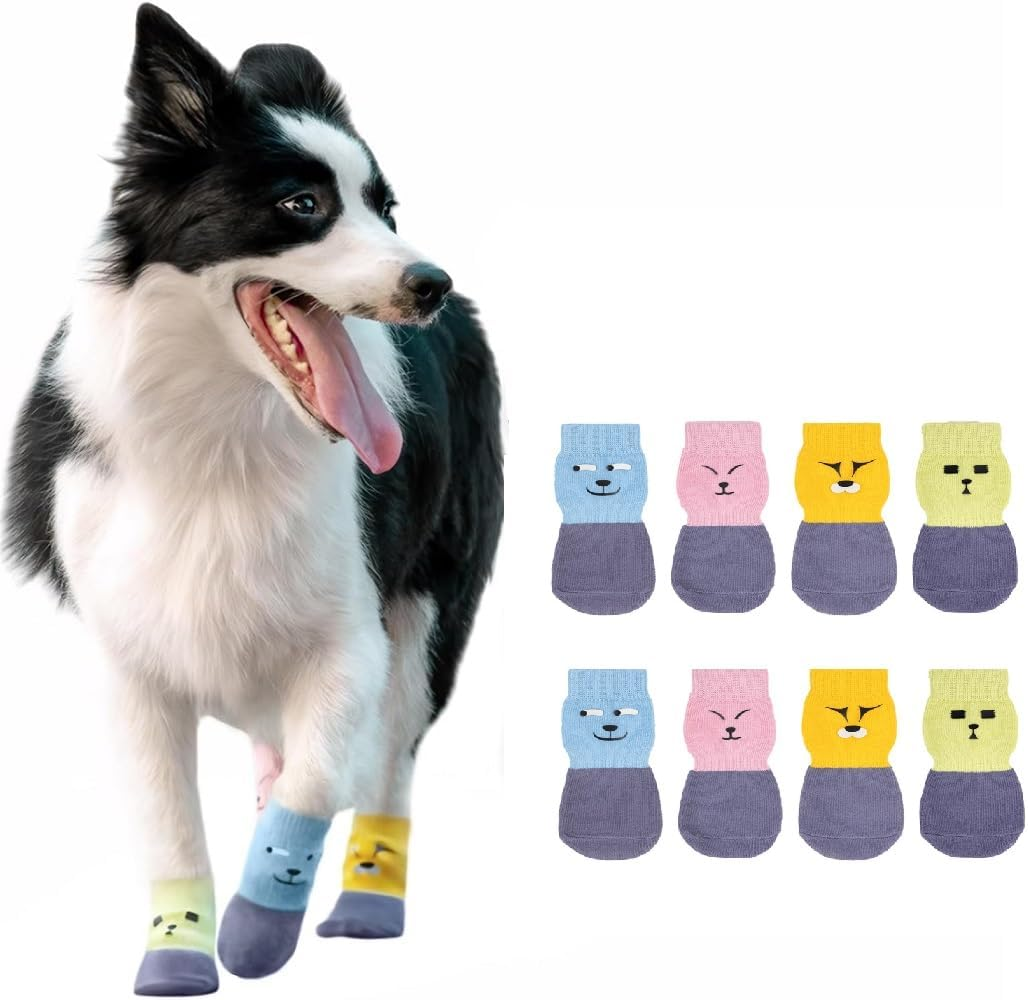 4 Pairs Anti-Slip Dog Socks,Prevent Licking, Paw Protector,Traction Control Indoor for Small Medium Dogs (4 Colors, Large) image number 4