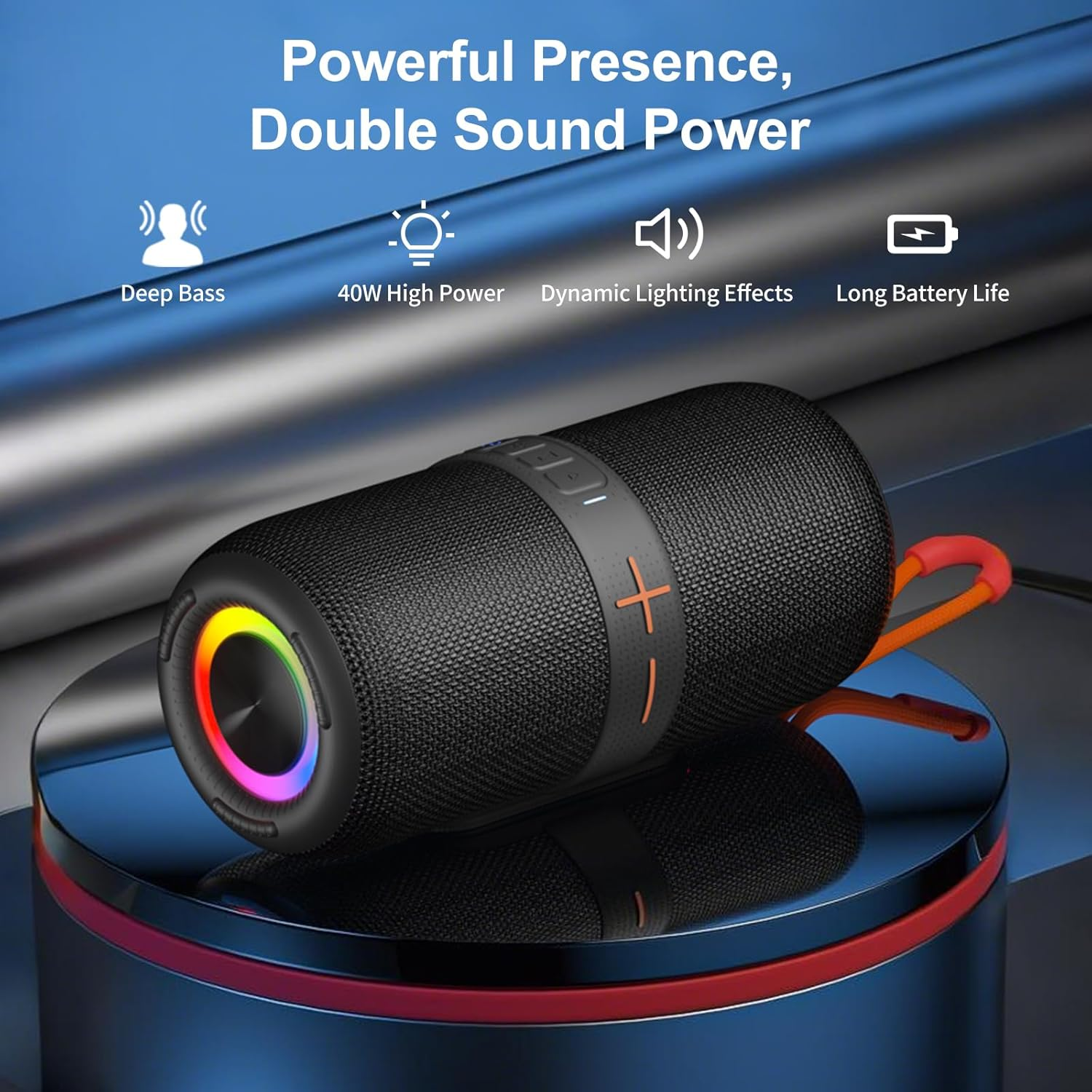 HUO JI Portable Bluetooth 5.0 Speaker with Deep Bass, IPX5 Water Resistance, RGB Lights, 15-Hour Playback and TWS/TF Support,Perfect for Home,Outdoors,Cycling,Hiking,Camping&Parties (Black) image number 2