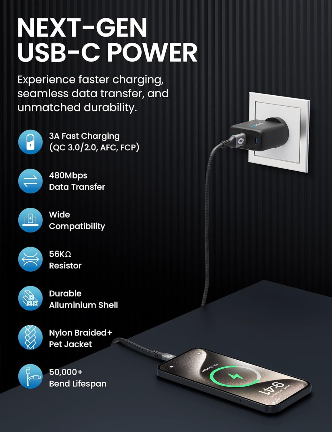 ZYRON 3M USB a to USB C Cable [2-Pack], Nylon Braided USB to USB C Cable, 3A Fast Charging USB C Cord, 480Mbps Data Sync for Android, Iphone 16/15, Galaxy S24, Pixel, Xiaomi, Switch (2, Grey, 3M)