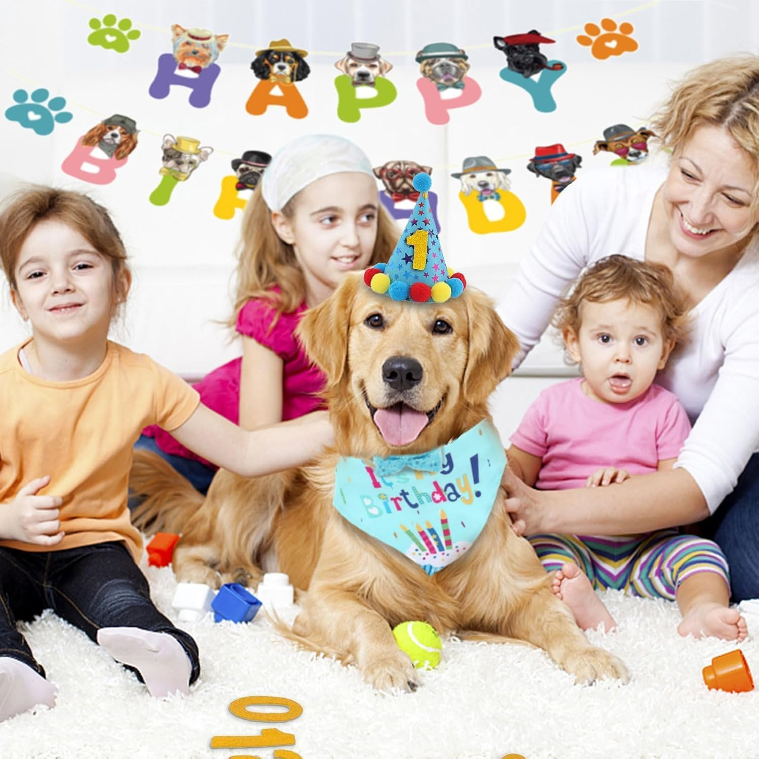 Dog Birthday Hat Bandana Party Decorations, Reusable Dog First Birthday Supplies with Banner Bowtie Numbers Crown, Cute 1St Large Puppy Girl Happy Birthday Outfit Shirt, One Size for Dogs Pet (Blue) image number 2