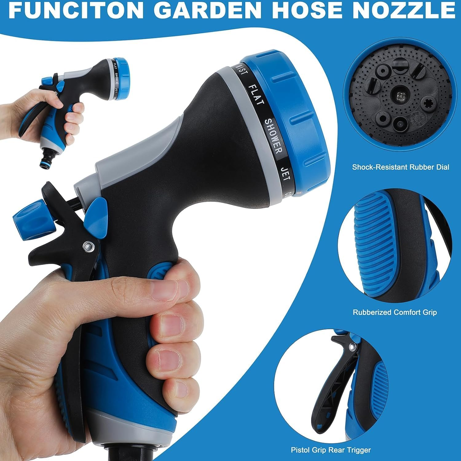 Hose Nozzle with Adjustable 10 Watering Patterns,Garden Hose Spray Nozzle with Slip Resistant High Pressure,Water Hose Nozzle Sprayer for Plants & Lawns Watering,Car Washing and Pet Showering