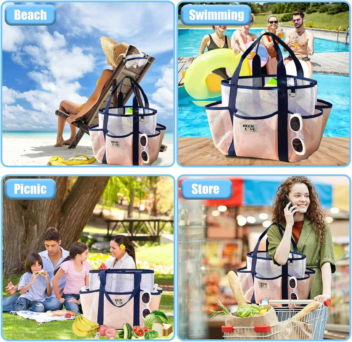 NHEWMAS Mesh Beach Bag Swimming Bag - Large Beach Tote Bag & Clutch Bag Set for Family Pool for Swimwear Sunglasses Toys and Vacation Essentials (Light Pink) image number 3