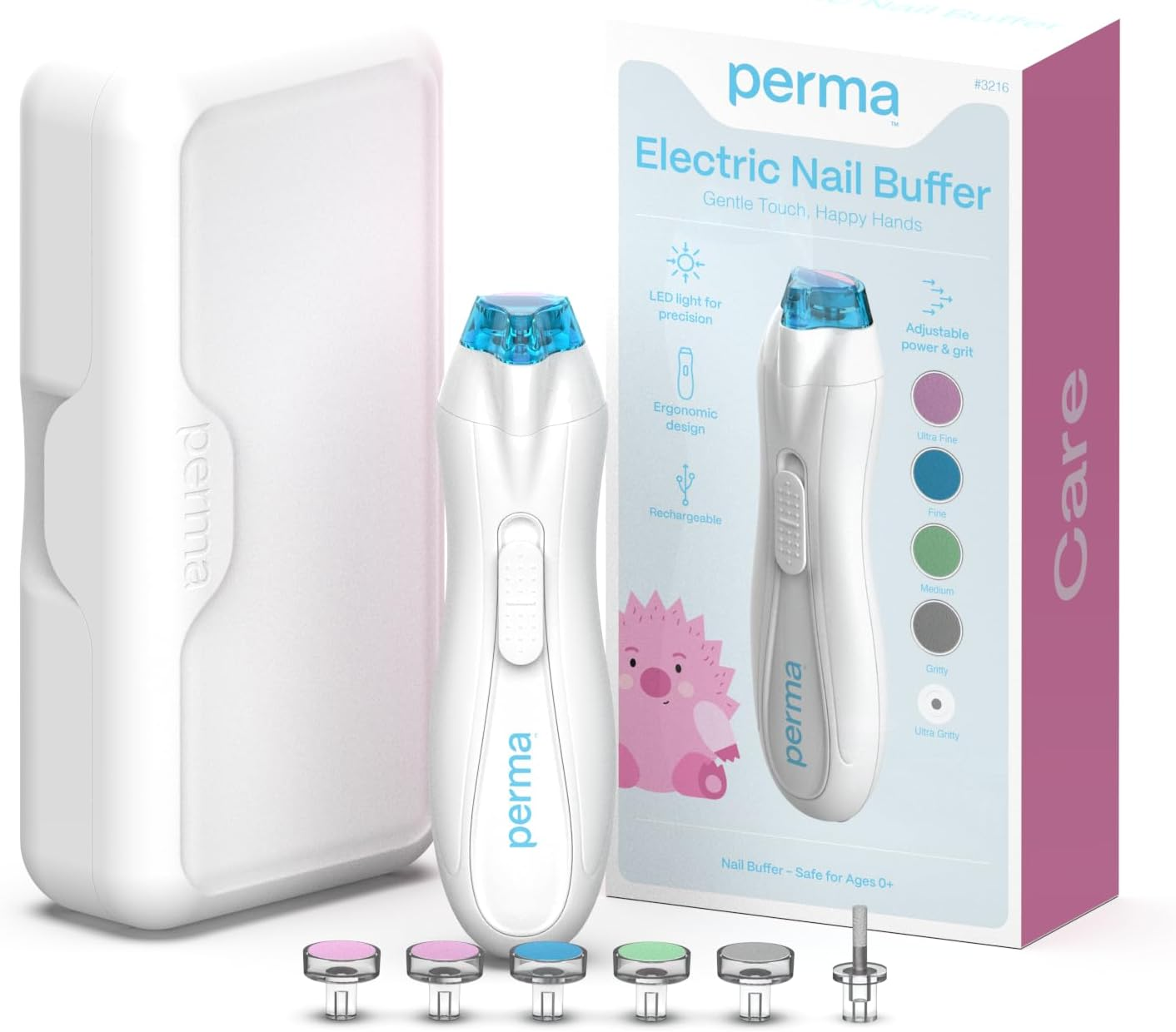 Perma Electric Baby Nail Buffer, Gentle Filing Heads for Newborns to Toddlers, Quiet Adjustable Speeds, Ergonomic Grip, Safe Nail Smoothing, Includes Compact Storage Case image number 6