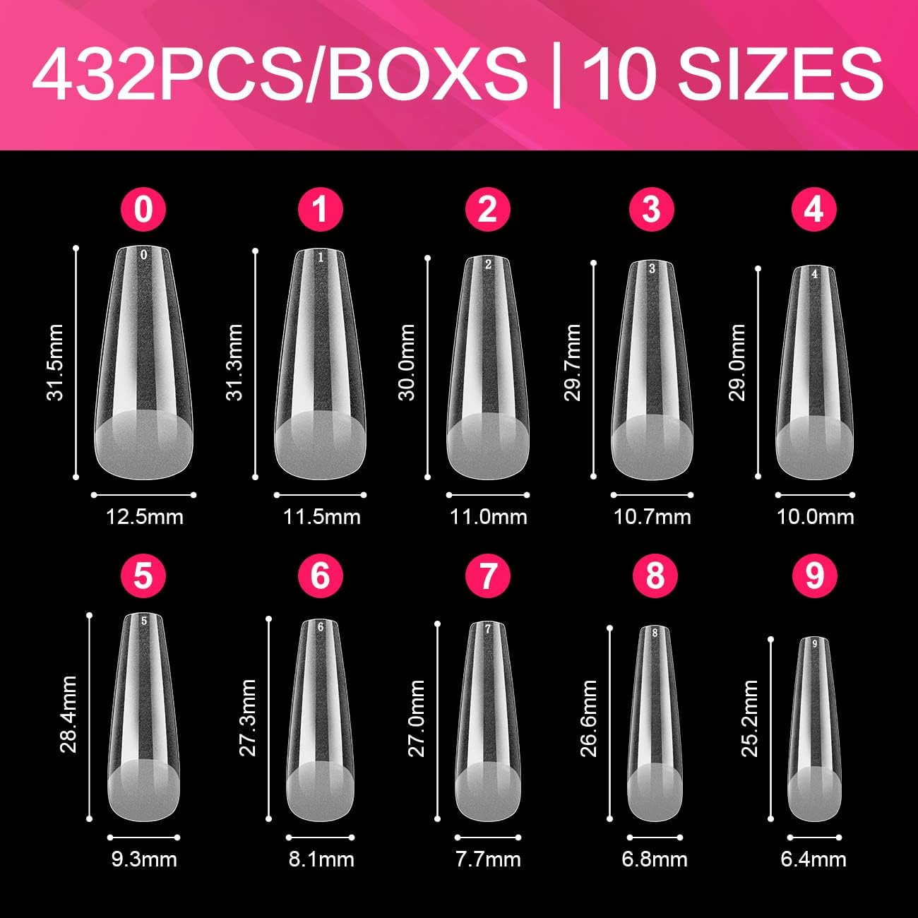 AIMEILI False Nail Tips, 432PCS Clear Matte Coffin Full Cover Nail Tips for Soak off Nail Extension, Acrylic False Press on Nails with Box for Nail Art Salon and Home DIY, 10 Sizes