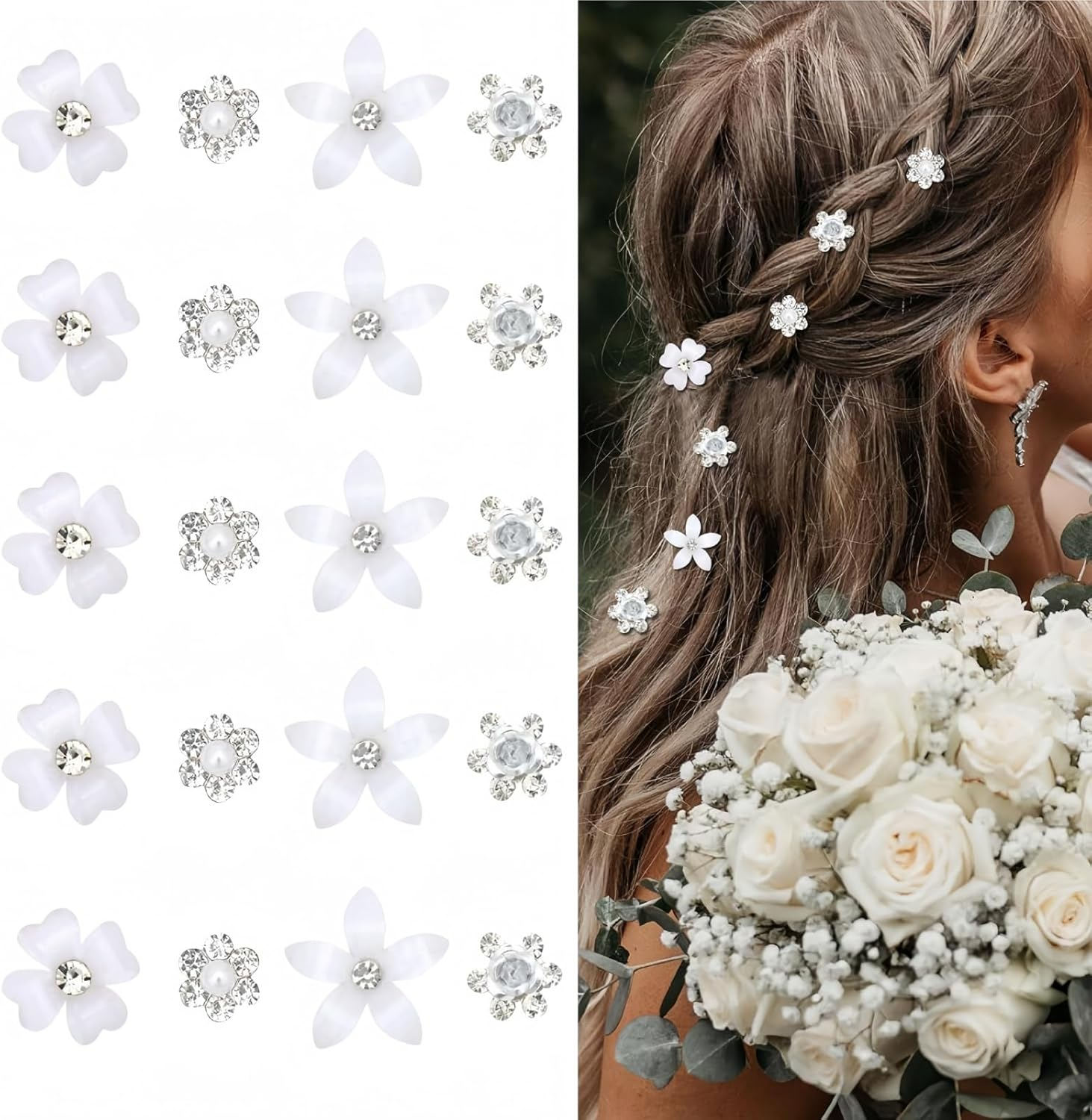 TANSAR Pack of 20 Small Hair Accessories, Flowers, Bridal Hair Accessories, Wedding, White Flowers Hair Clips for Girls and Women image number 2