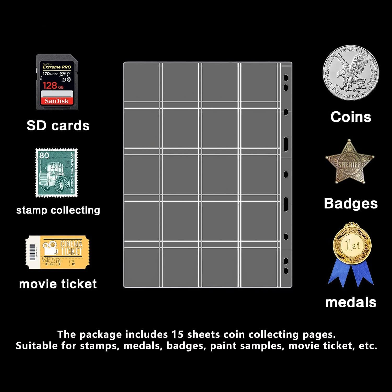15 Sheets 4.3X4.3Cm Coin Collection Pages, Coins Pocket Page with 300 Pockets, Coin Binder Inserts Sleeves with Standard 9 Hole for Coin Album image number 1