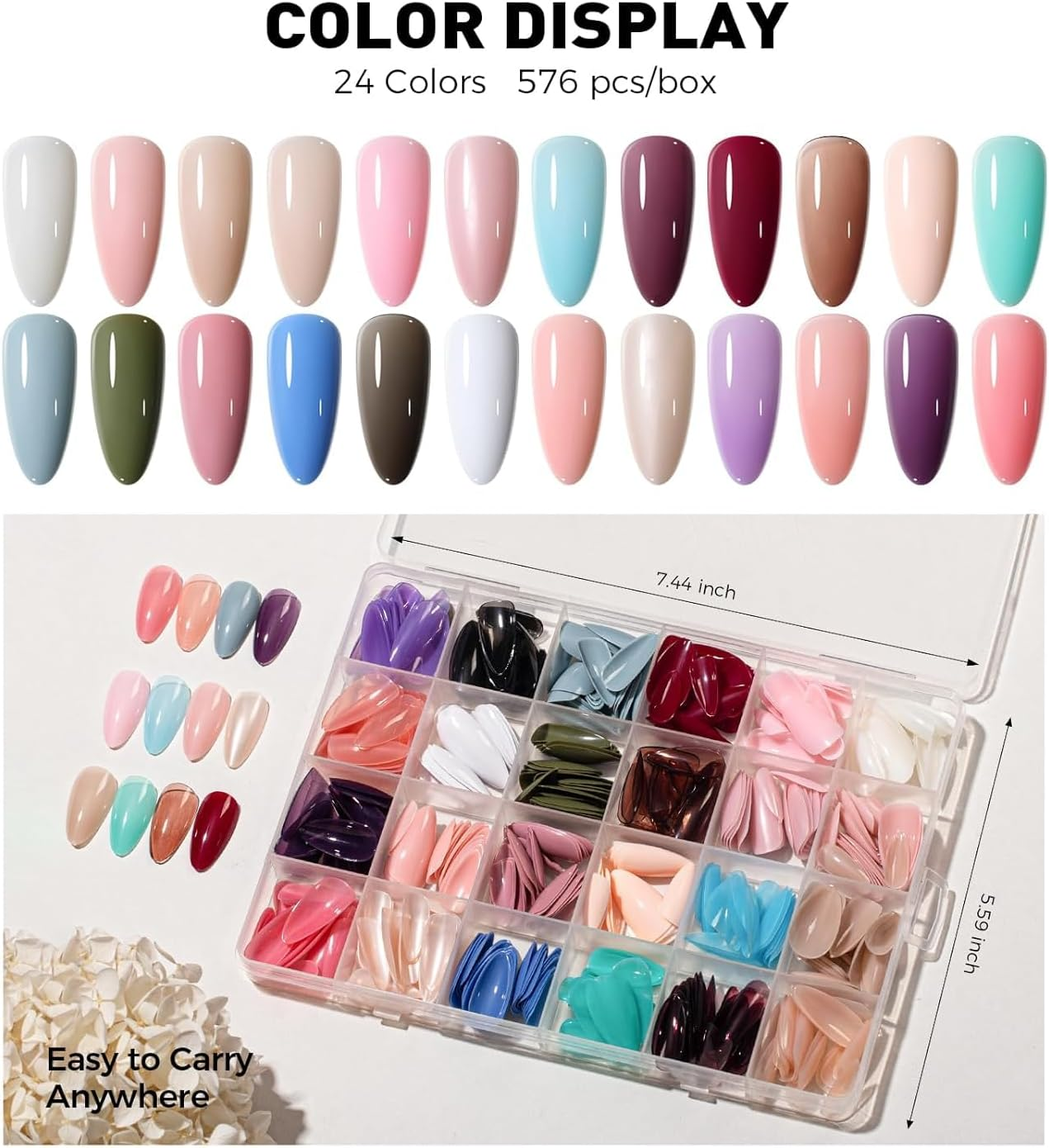 Press on Nails, 24 Colors 576PCS Medium Almond False Nails with 12 Sizes, Full Cover Press on Nails for Women, Lightweight Matte Natural Fake Nails for Nail Art Design (Almond)