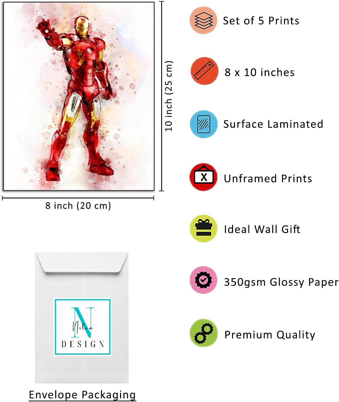 Nilem Design Superhero Watercolor Posters Room Decor for Boys - Wall Art Set of 5 Unframed (8''X10'') for Nursery, Kids Bedroom