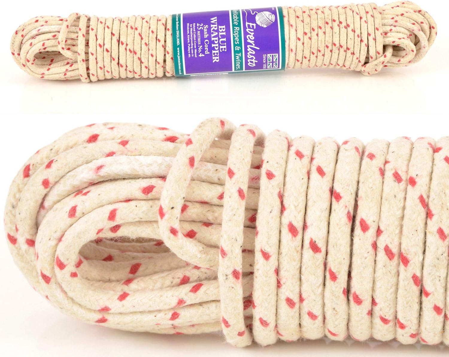 No.4 (7Mm) - Quality Everlasto Traditional Redspot Waxed Cotton Sash Cord (7MM X 25M)