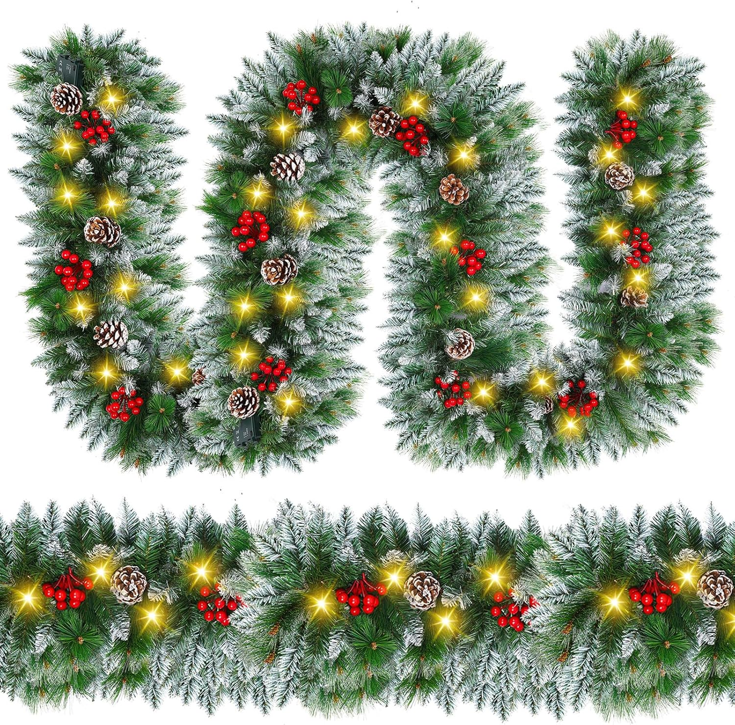 Christmas Garland, 270CM Valentine'S Day Wreaths with Battery Operated LED Lights Artificial Flower Vine for Front Door Home Stairs Fireplace Xmas Tree Indoor Outdoor Christmas Decor image number 3