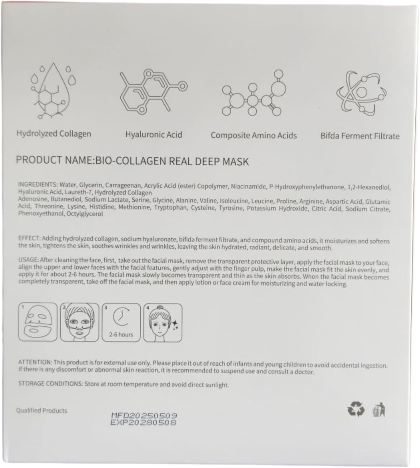 Bio Collagen Original Face Mask (4-Pack), Overnight Deep Hydration, Anti-Aging Sheet Mask, Reduces Wrinkles, Enhances Elasticity & Plumpness, 32G image number 1