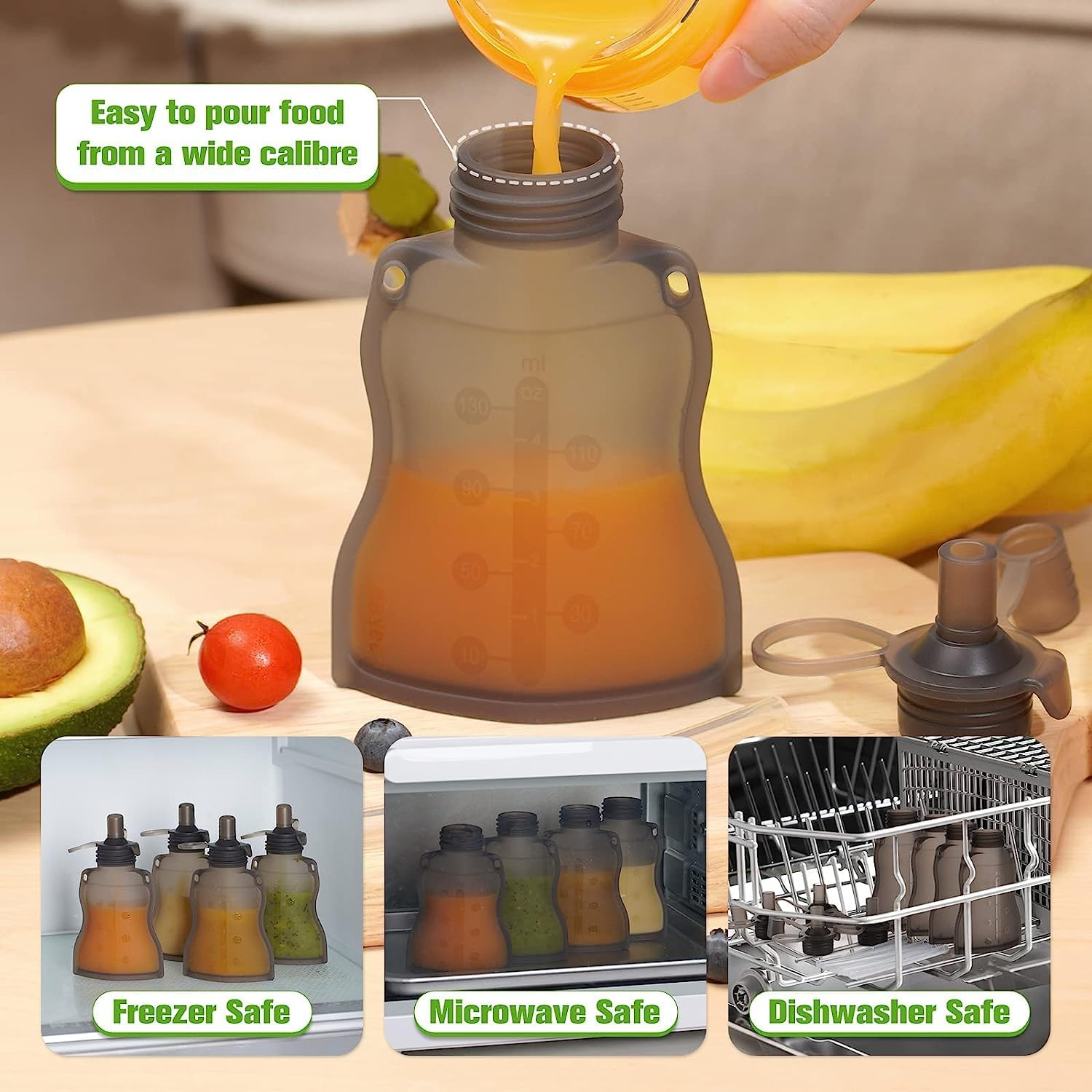 Haakaa Happii Bear Silicone Goody Pouch,Reusable Baby Food Pouches for Homemade Organic Purees, Juices, Smoothies, and Yogurt - Perfect for Toddlers and Kids - 4 Pack, 6Oz image number 6