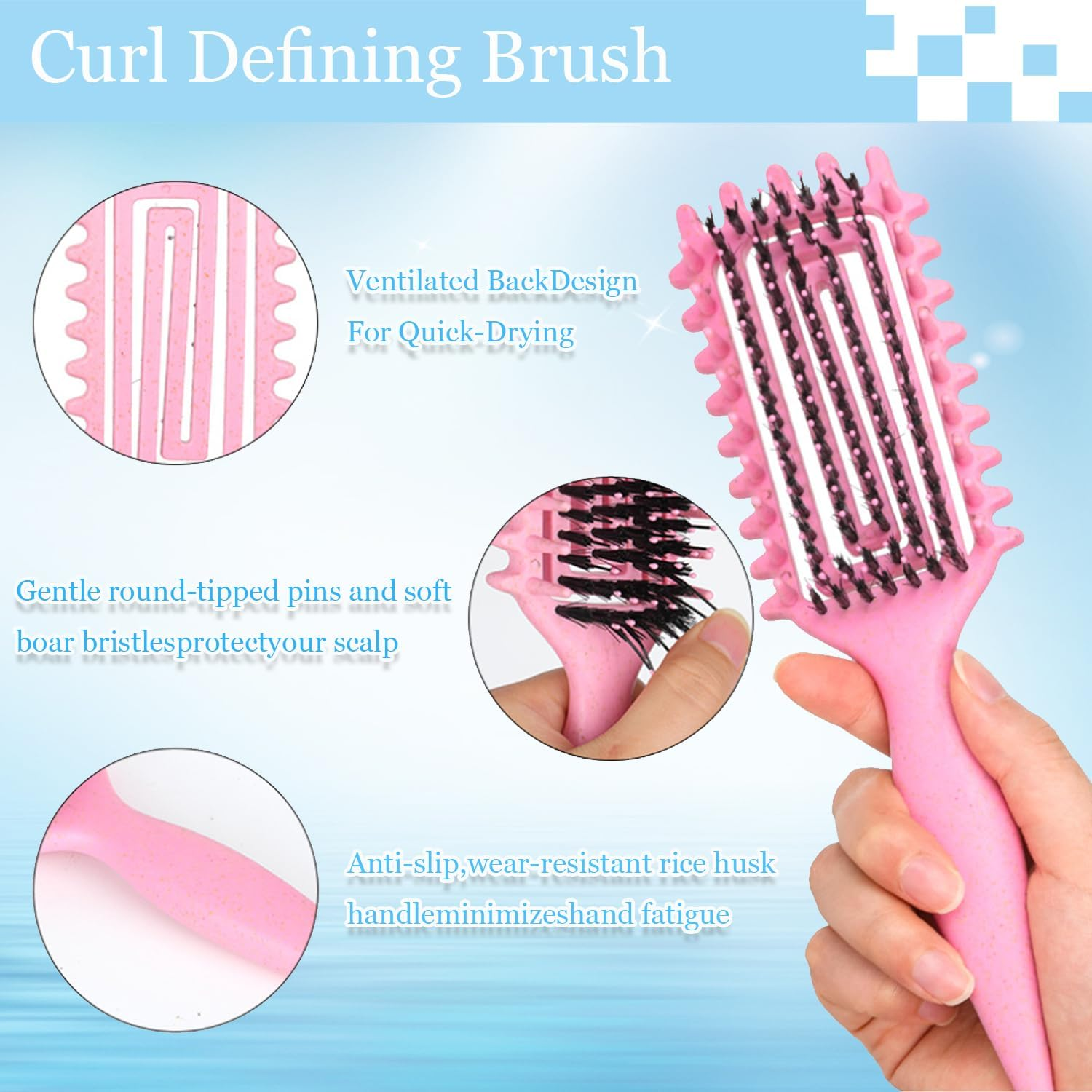 Curly Hair Brush,Curl Defining Brush plus 3 Pieces Hair Styling Comb Set(Slick Back Hair Brush,Rat Tail Comb,Edge Bristle Brush) for Combing, Shaping, Styling image number 5