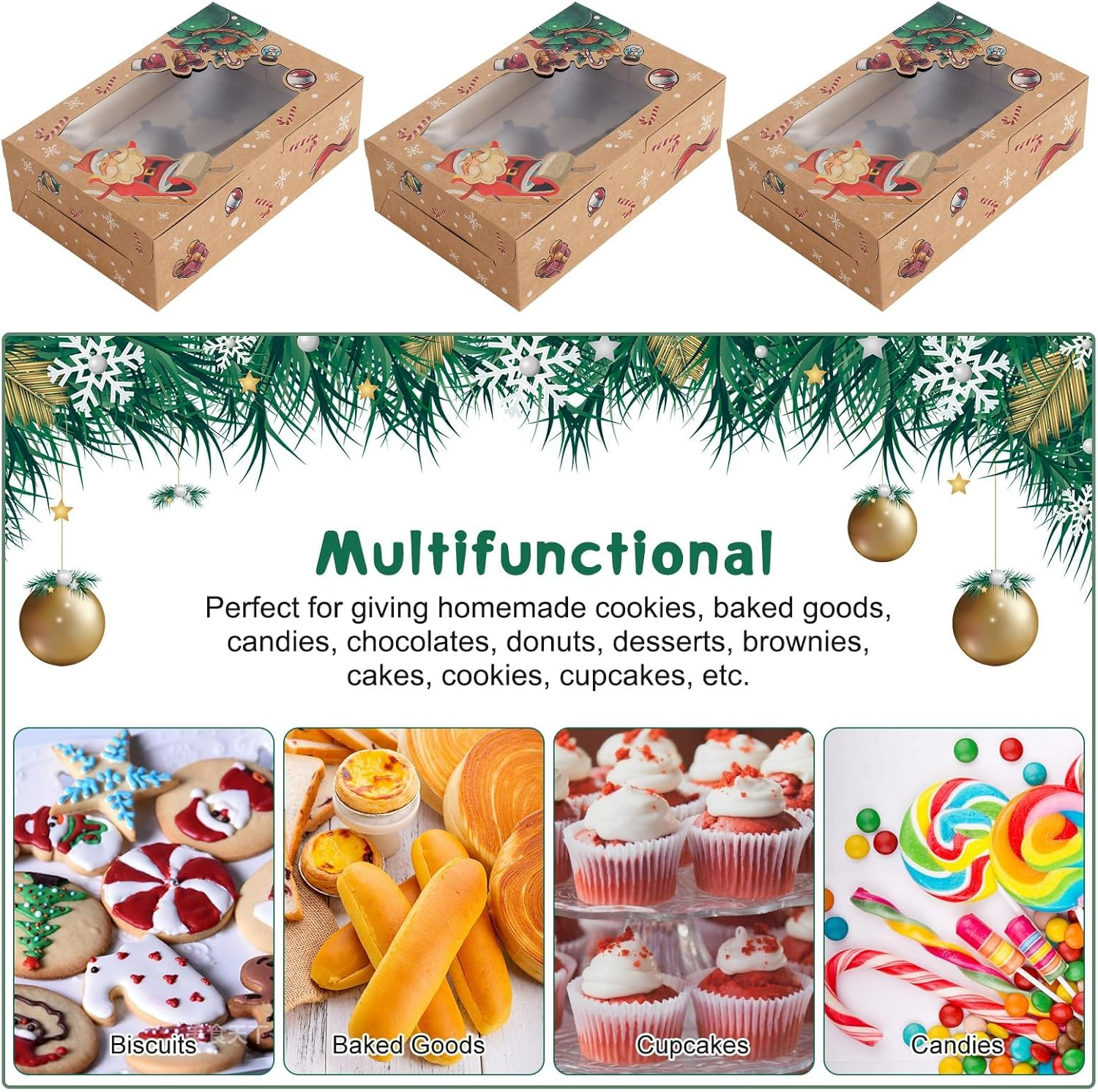 ZANZER 20PCS Christmas Cupcake Boxes 6 Hole with Window, Christmas Cakes Gift Boxes with Christmas Kraft, Christmas Pastry Boxes for Cupcake Cookies Desserts image number 4