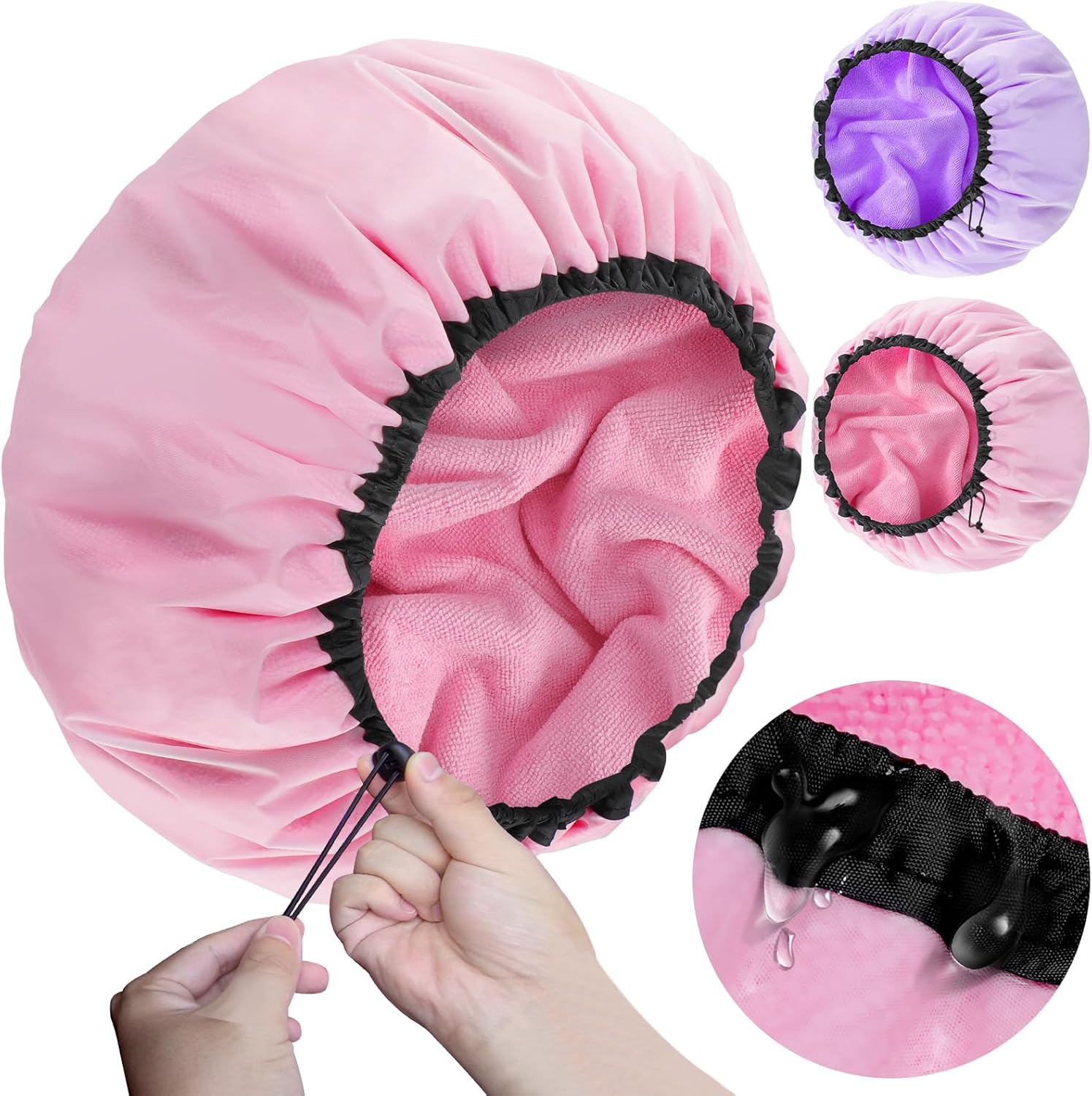 Sheomern 2 Pcs 13.5" Dual Waterproof Adjustable Terry Lined Shower Cap for Women Men, Large Shower Caps Reusable EVA Double Layer Bath Cap for Braids, Long Hair, Dreadlocks, Locs