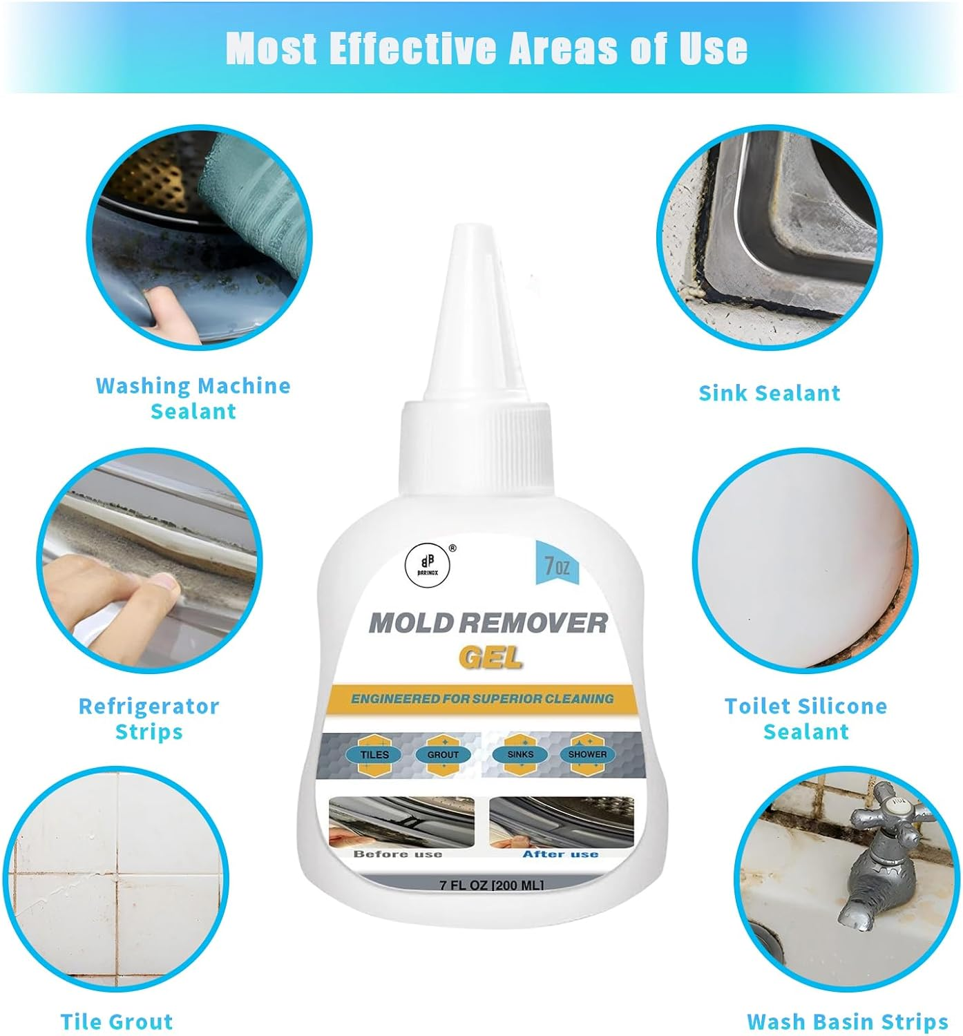 BARINOX Mould Remover Gel Kit - 10 in 1 Powerful Cleaner for Grout, Washing Machine, Tile, Shower, Kitchen Sink, Refrigerator Seals, Caulk, Bathroom, Toilet & Cleaning Brushes, Cloth and Gloves 400 ML image number 1