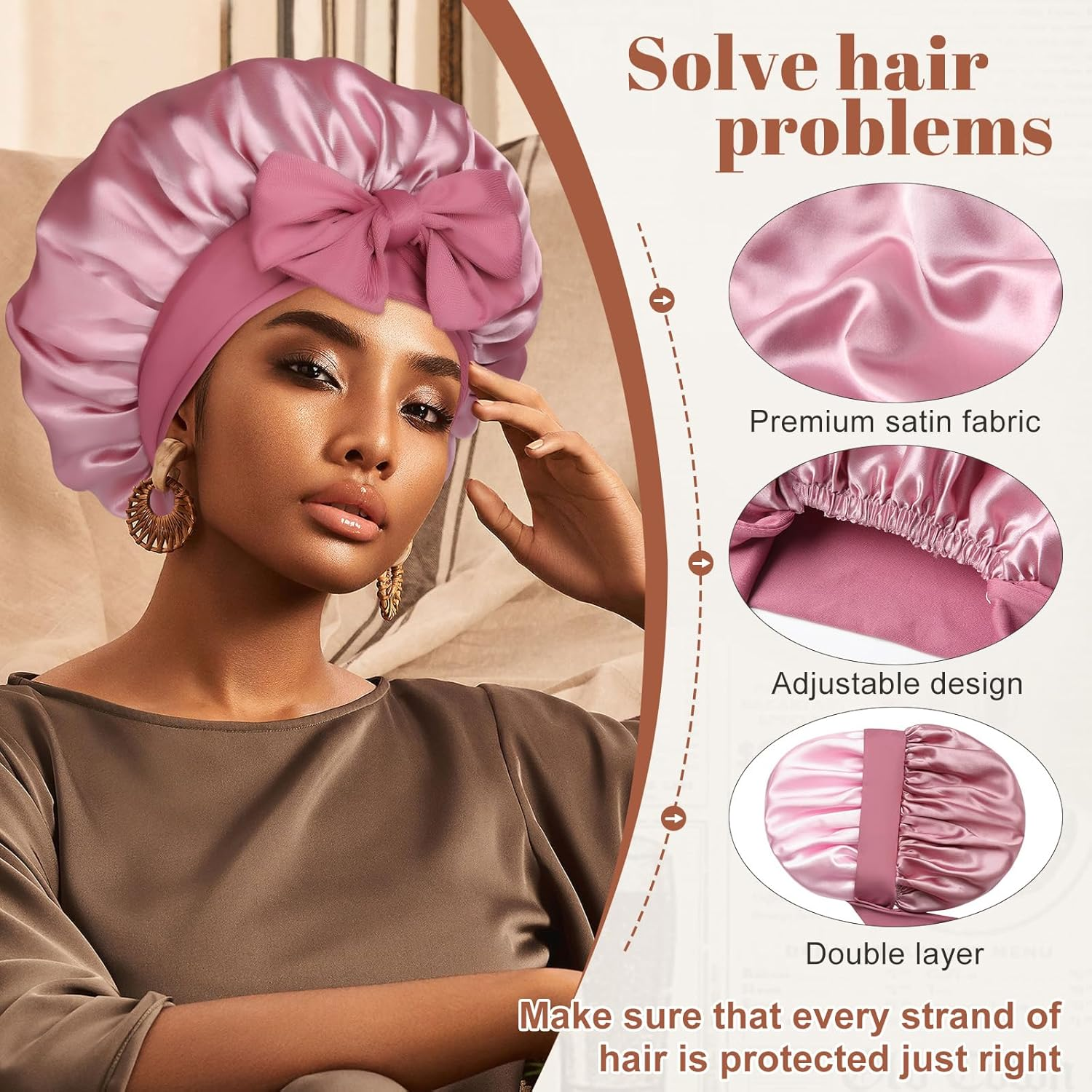 Satin Bonnet Silk Bonnet for Sleeping Silk Sleep Cap Double Layer Hair Bonnet with Elastic Tie Band for Curly Hair Night Cap (Bean Paste + Pink)