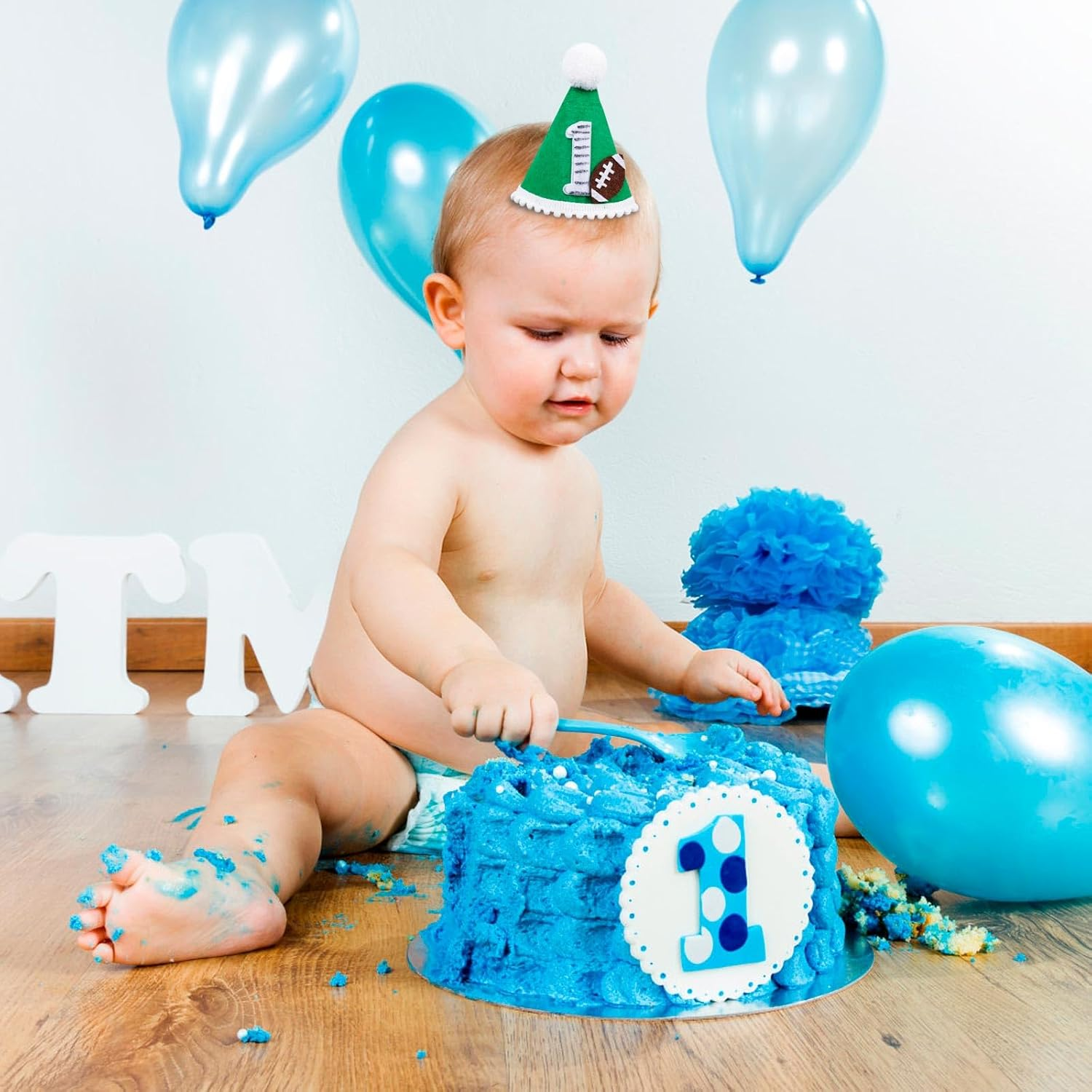 Gosknor Football 1St Birthday Hat, First Year down Birthday Party Decorations Rugby 1St Birthday Hat with Elastic Tape Perfect 1St Birthday Photo Props Sports Themed Decoration Supplies image number 2