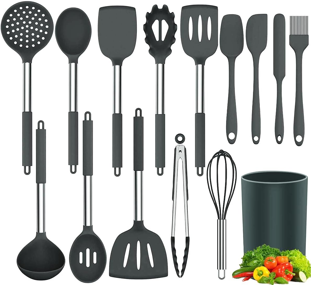 Kitchen Utensils Set, 15 Pcs Silicone Cooking Utensils Set, Non Stick and Heat Resistant Cookware, Cooking Tools with Holder(Black)