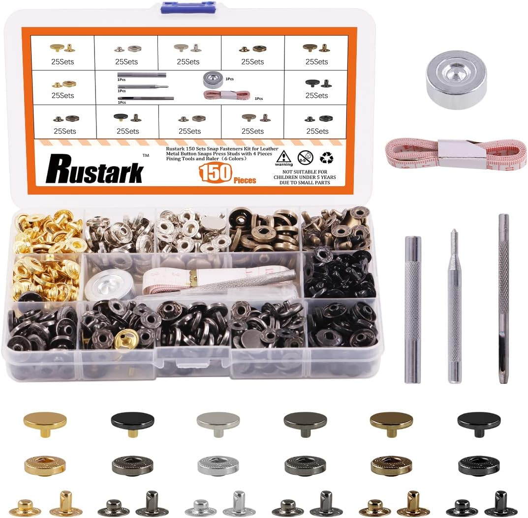 Rustark 150 Sets Leather Snap Fasteners Kit, 6 Colors Metal Button Snaps Press Studs with 4 Pieces Installation Tools for Leather Craft, Jackets, Jeans Wears, Bracelets and DIY Craft (12.5Mm)