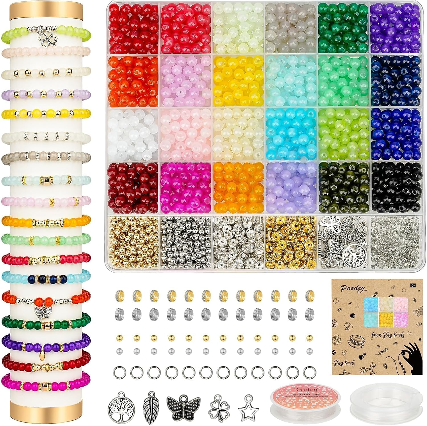 DUOMIAO 6Mm Glass Bracelet Making Kit 1400Pcs, 24 Colors Crystal for Jewelry Making round DIY Crafts with Spacer Charms Accessories.