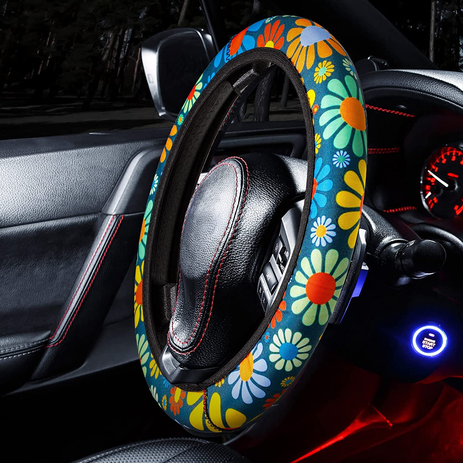 17 Pcs Hippie Flower Car Seat Cover Set Universal Car Accessories Colorful Art Floral Seat Cover Steering Wheel Cover Car Armrest Cover Cup Holder Mat Keyring Shoulder Pad Wrist Strap for Women Men