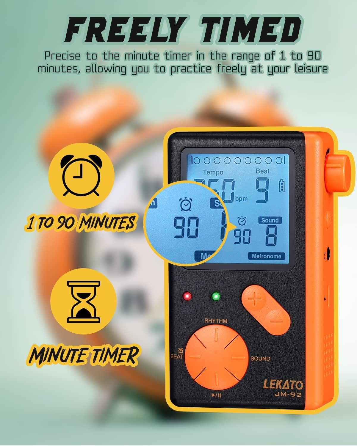 Electronic Digital Metronome for Piano Guitar Drum Ukulele Practice, Metronome with Timer, 8 Beat Tones, Tone Generator for All Instruments, Black Orange, by LEKATO image number 4