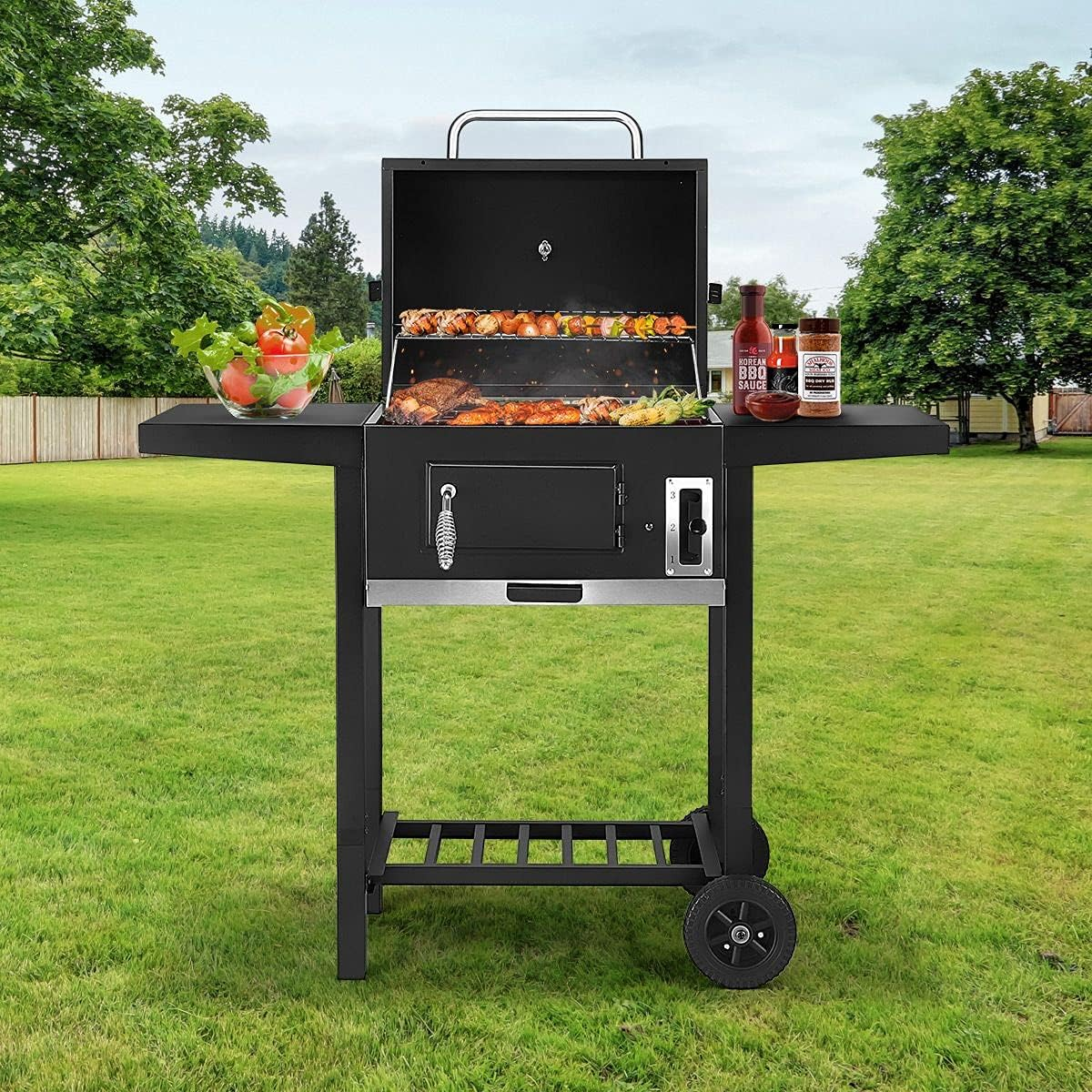 BBQ Charcoal Grill Trolley with Side Table, Portable Aluminium Outdoor Barbecue Cooking Grill Barbecue Set for Picnic Patio Backyard Camping image number 2