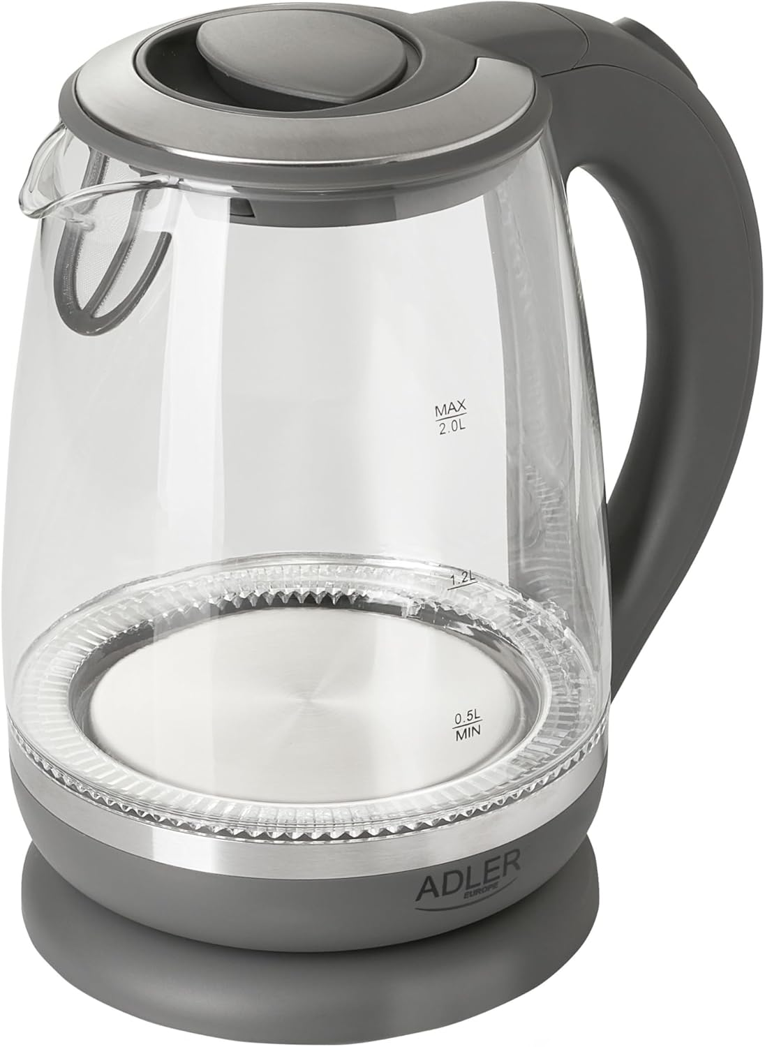 Adler AD 1286 Glass and Plastic Kettle, 2L, 2000 W, LED Lighting, Glass Kettle for Tea, Limescale Filter, Automatic Shut-Off, Stainless Steel Immersion Heater, Grey Transparent/Grey image number 2