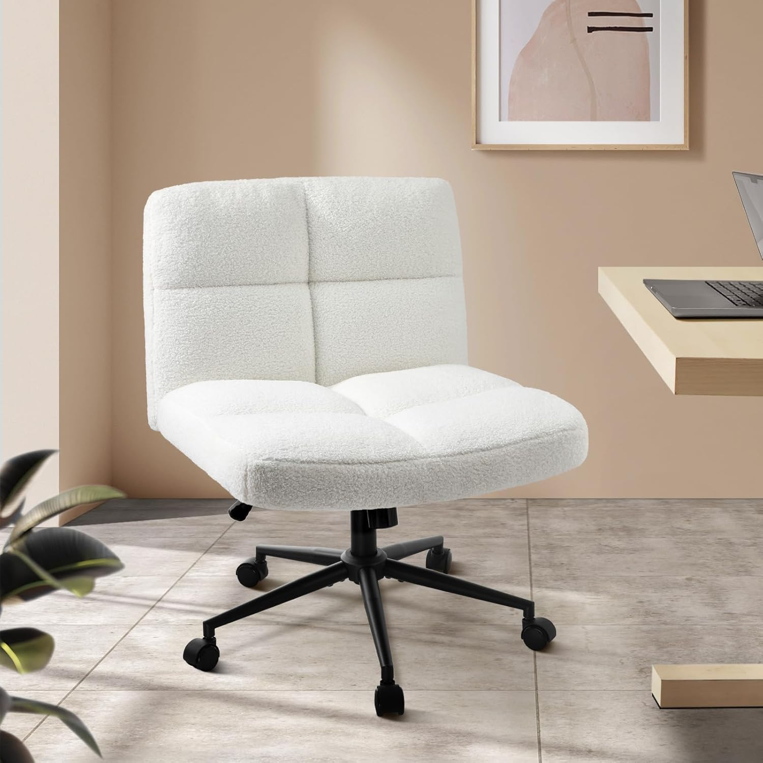 Oikiture Boucle Armless Office Chair with Mid Back and Wide Seat 360 Degree Rotatable Cross Chair White
