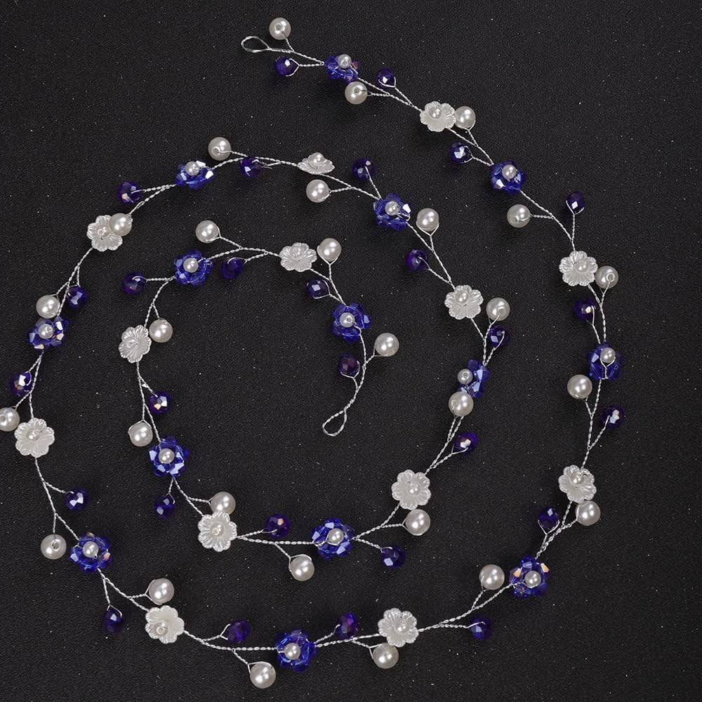 Teyglen Women Bride Wedding Blue Flower Crystal Headband Hair Vine Handmade Pearl Bridal Navy Blue Beads Headband Wedding Hair Accessories for Brides Floral Hair Pieces Headpieces for Women Girl image number 4