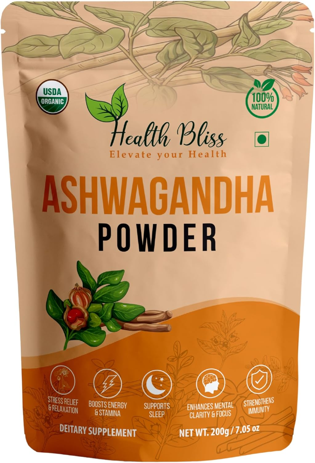 Health Bliss Organic Ashwagandha Root Powder, 200G, Natural Herbal Supplement for Energy and Vitality image number 4