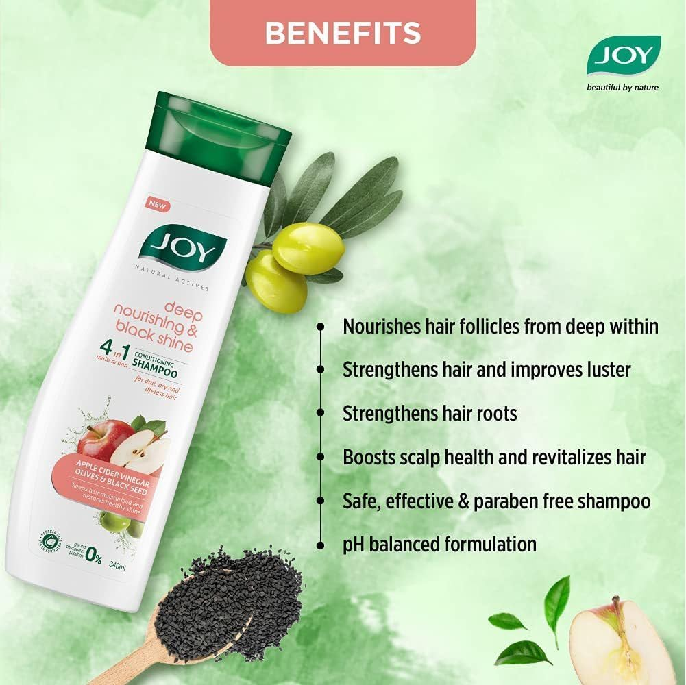 Joy Natural Actives Deep Nourishing & Black Shine 4 in 1 Multi Action Conditioning Shampoo for Dull Hair | with Apple Cider Vinegar, Amla, Back Seed & Olive Oil |(Pack of 2 X 340Ml)