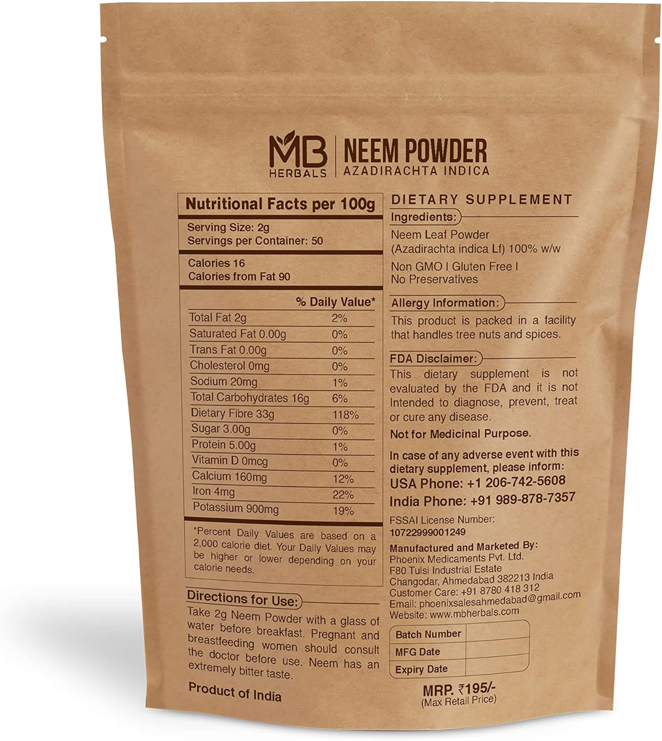 MB Herbals Neem Powder 100G | Neem Leaf Powder - for Hair and Skin Care
