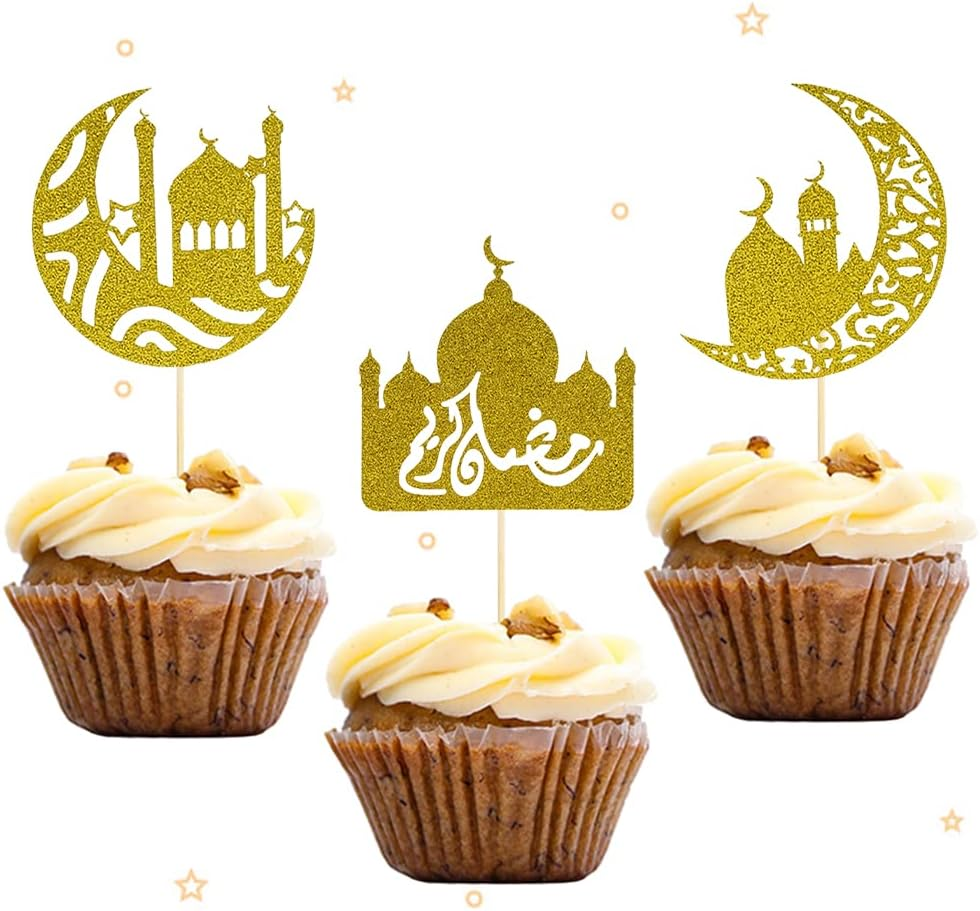 ALIBBON 30Pcs Eid Mubarak Cupcake Toppers, 3 Patterns Glitter Gold Moon Castle Cupcake Picks, Ramadan Mubarak Cake Topper, Ramadan Kareem Party Decorations Islamic Muslim Party Decors Supplies image number 2