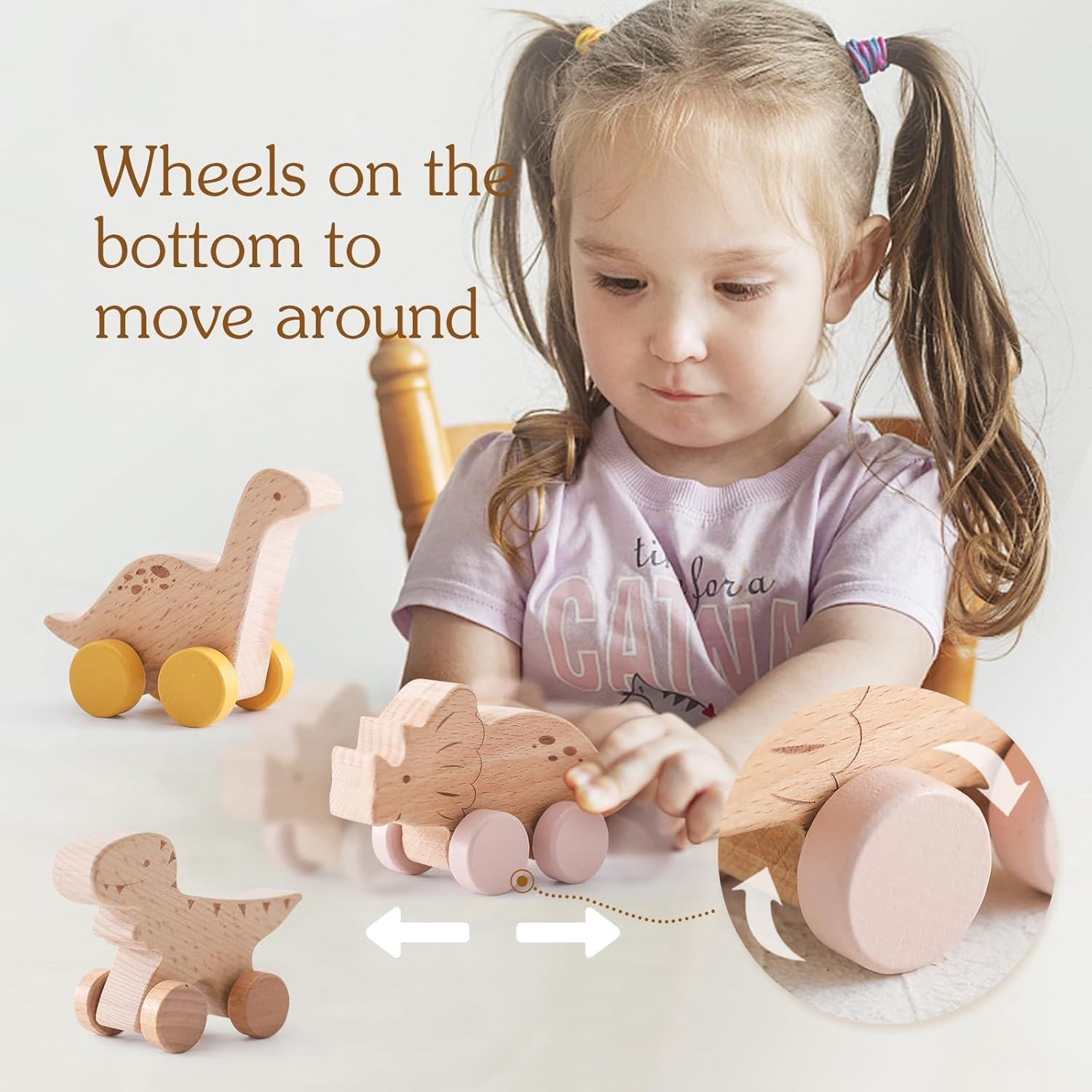 Wooden Dinosaur Cars Montessori Toys for Babies Baby Push Car Toys Wooden Vehicles Development and Infant Grasping (3PCS) image number 6