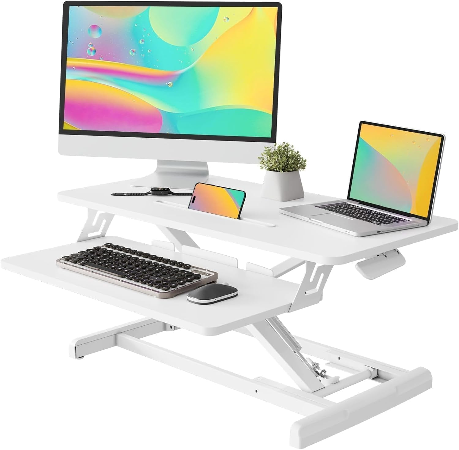 Standing Desk Converter, 40/80Cm Wide Height Adjustable Quick Sit Stand Computer Desk Converter with Keyboard Tray,For Home Office Workstation (White Frame + White Desktop) image number 1
