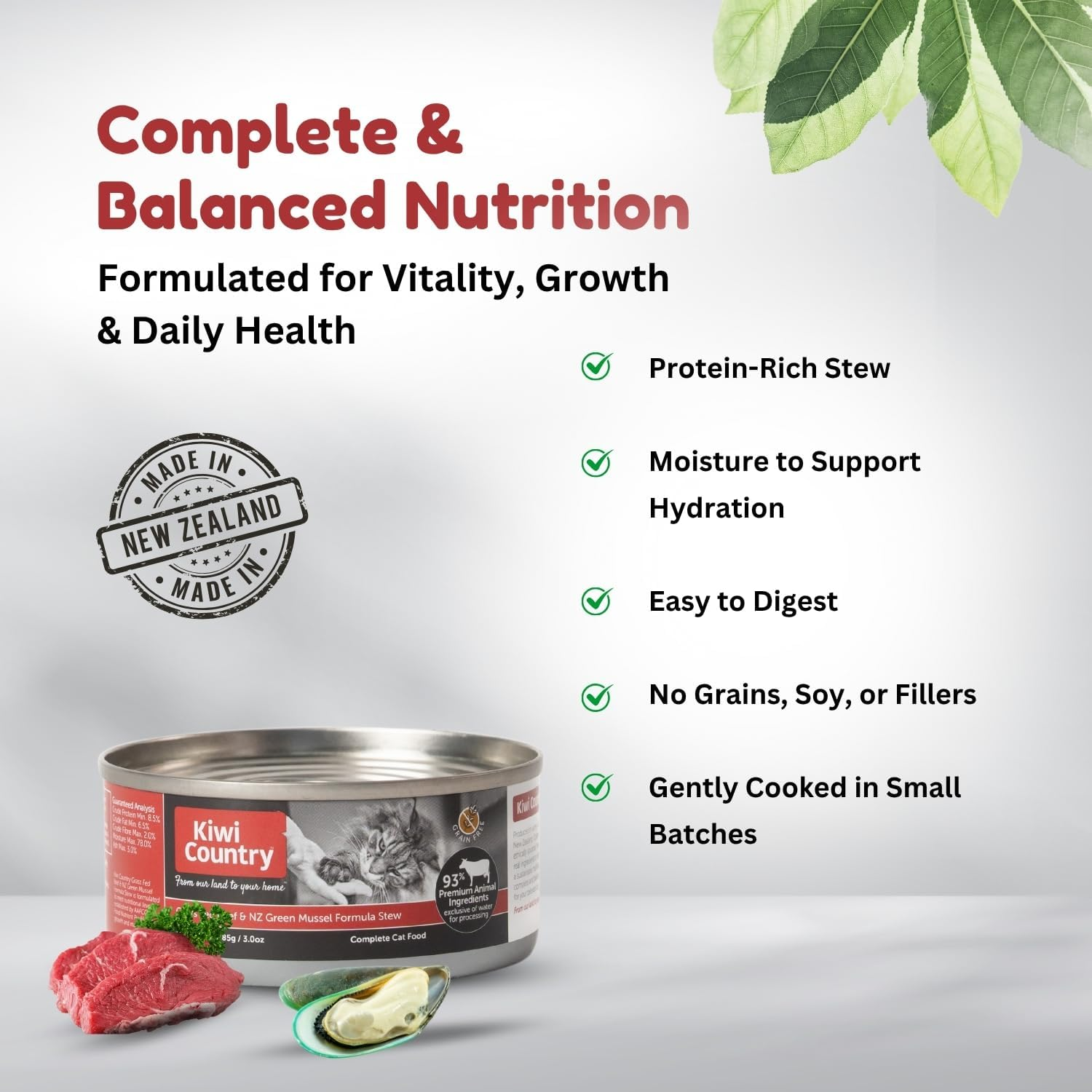 Kiwi Country Wet Cat Food, Grass-Fed Beef and NZ Green Mussel Formula, Grain-Free, Suitable for All Cat Breeds & All Life Stages Including Kittens, Pregnant and Nursing Females, 85G