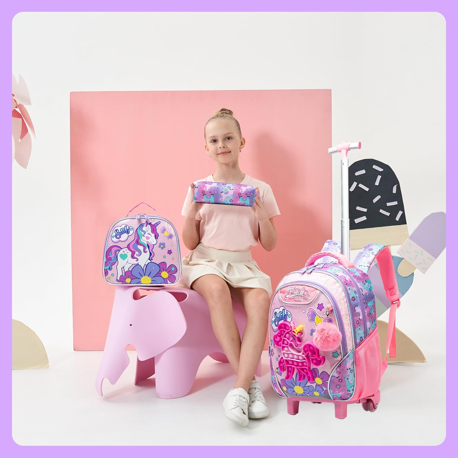 Meetbelify Rolling Backpack for Girls with Pencil Case&Lunch Bag School Bags Trolley Wheeled Backpacks image number 4